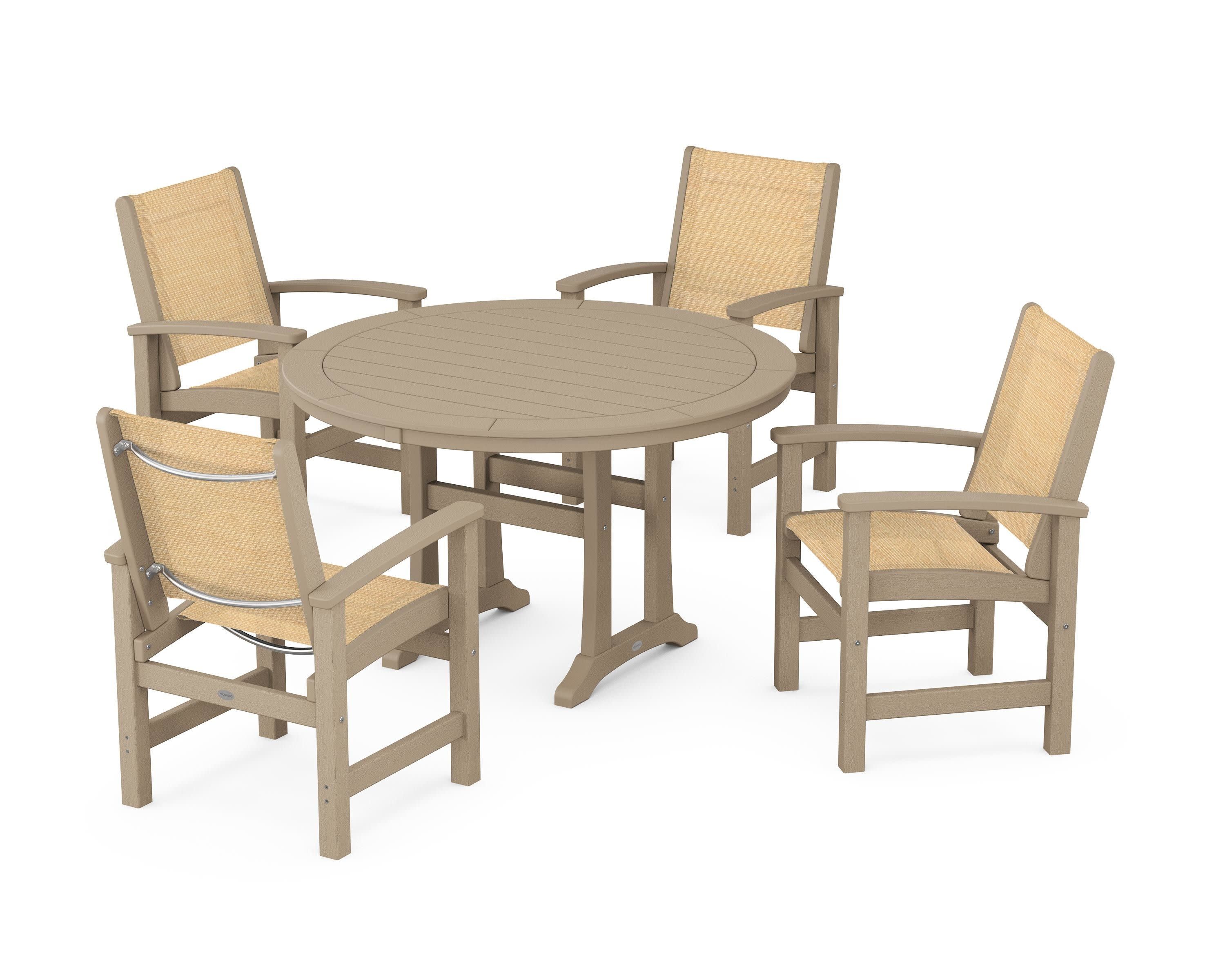 Coastal 5-Piece Round Dining Set with Trestle Legs in Vintage Sahara / Dupioni Apricot Sling