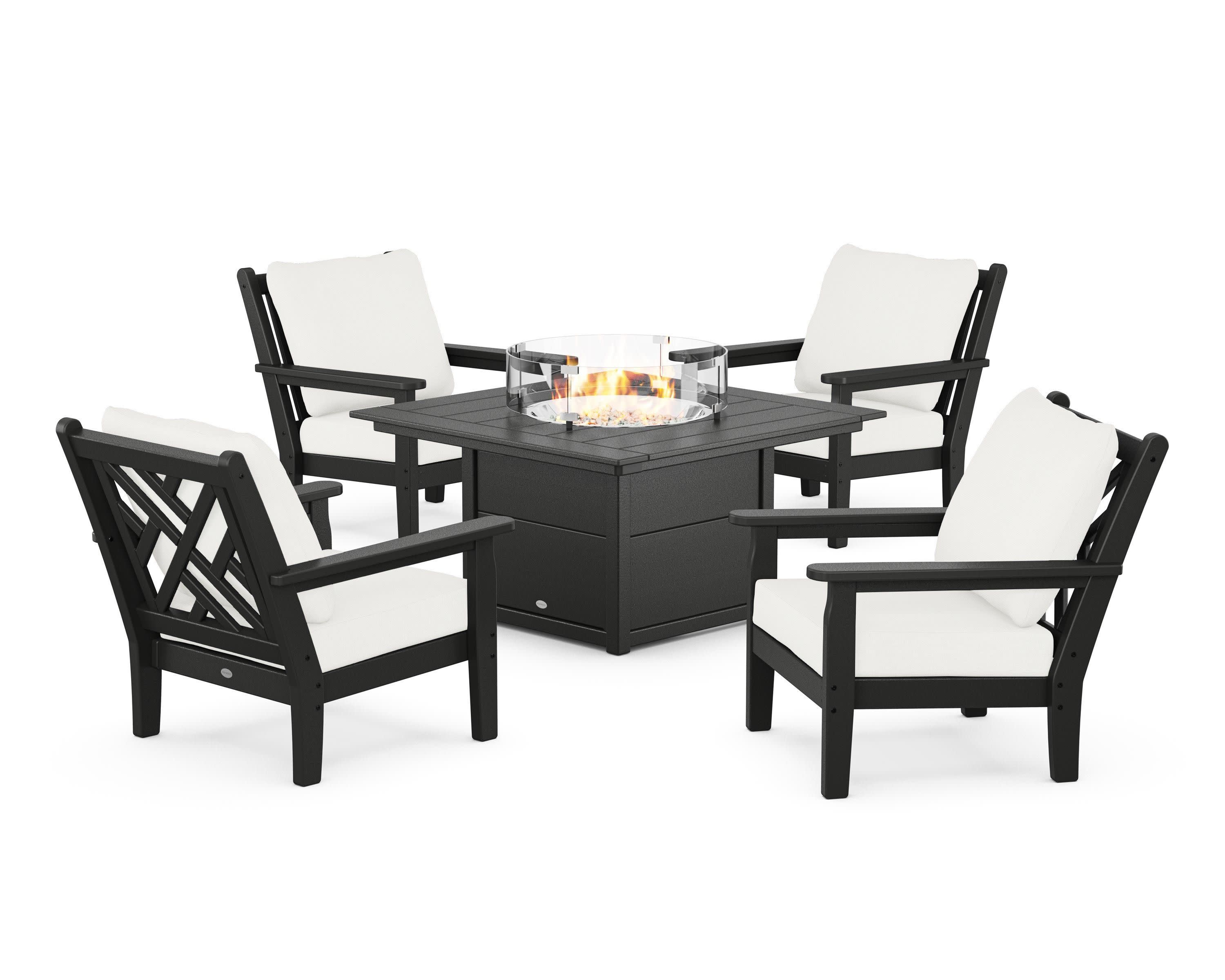 Chippendale 5-Piece Deep Seating Set with Fire Pit Table in Black / Natural Linen