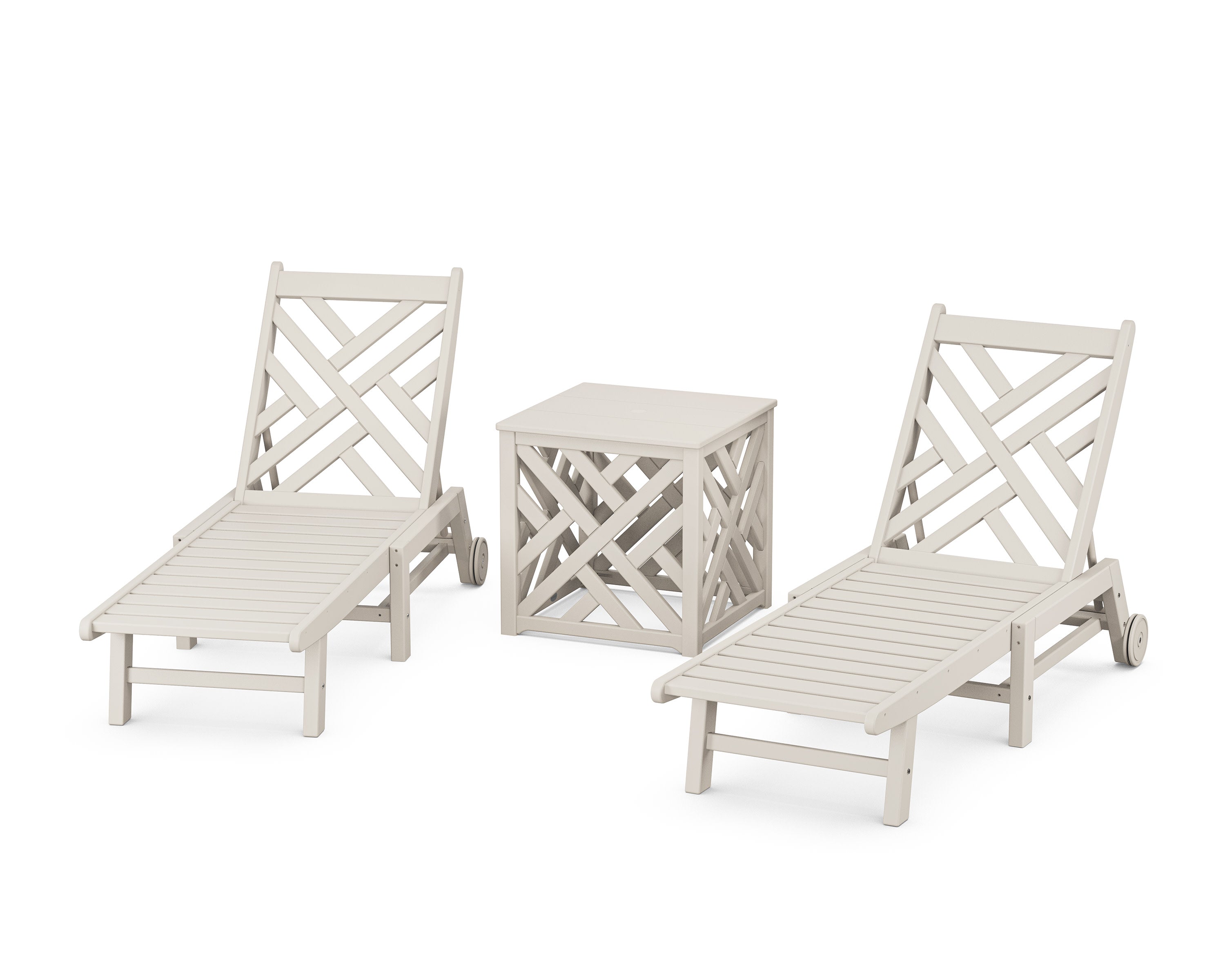 Chippendale 3-Piece Chaise Set with Wheels and Umbrella Stand Accent Table in Sand