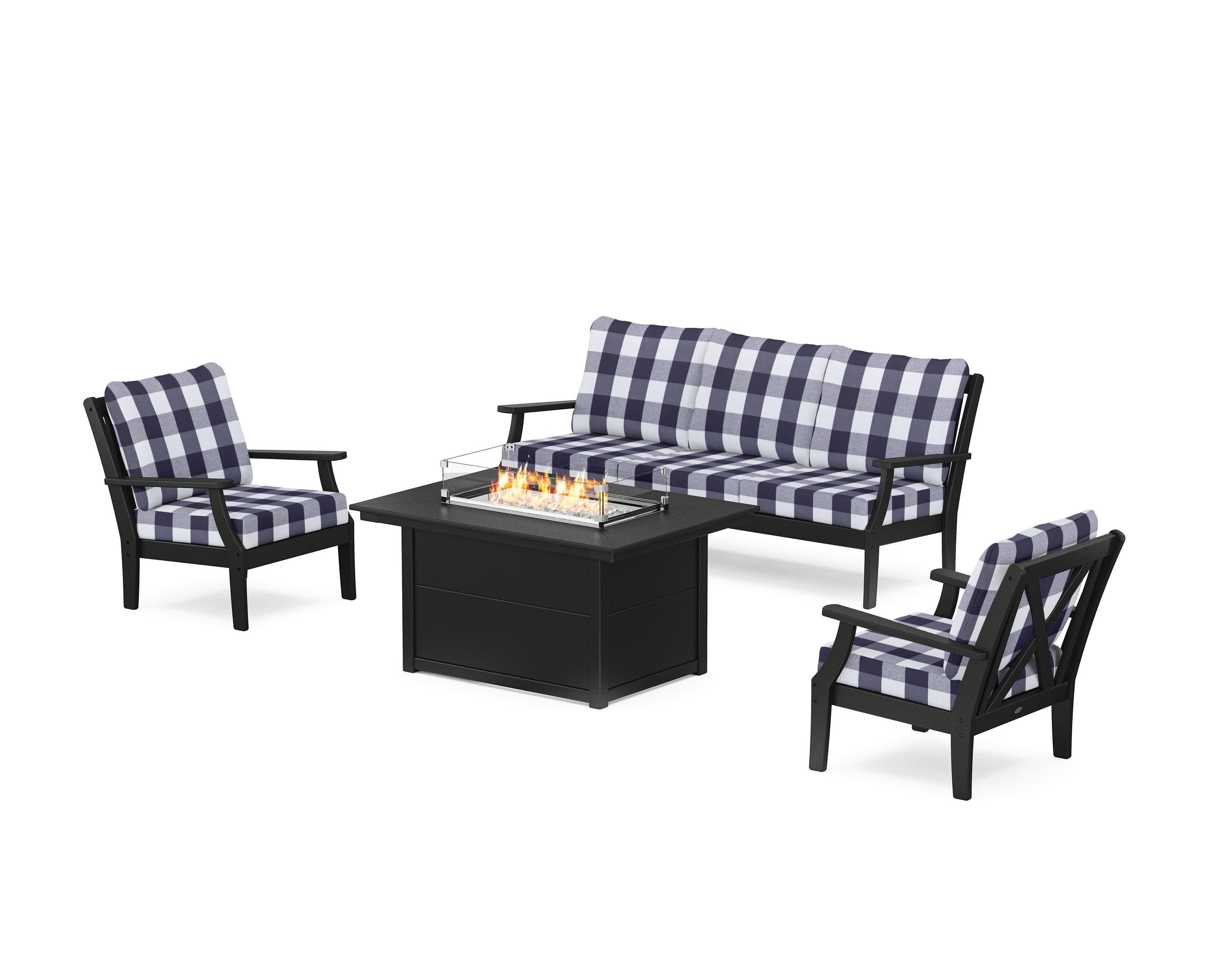 Braxton Deep Seating Fire Pit Table Set in Black / Buffalo Plaid Navy