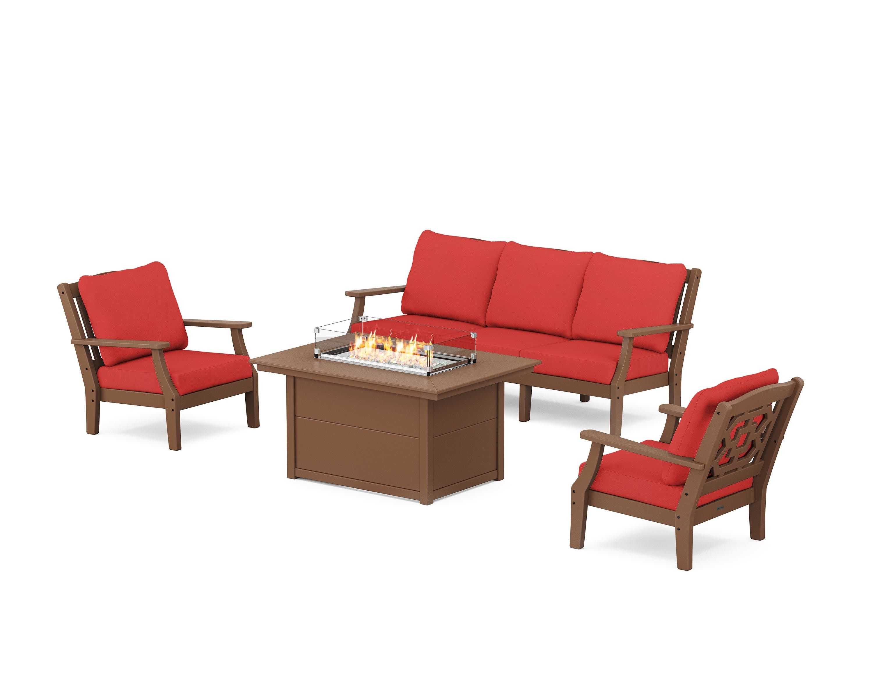 Chinoiserie Deep Seating Fire Pit Table Set in Teak / Crimson Linen