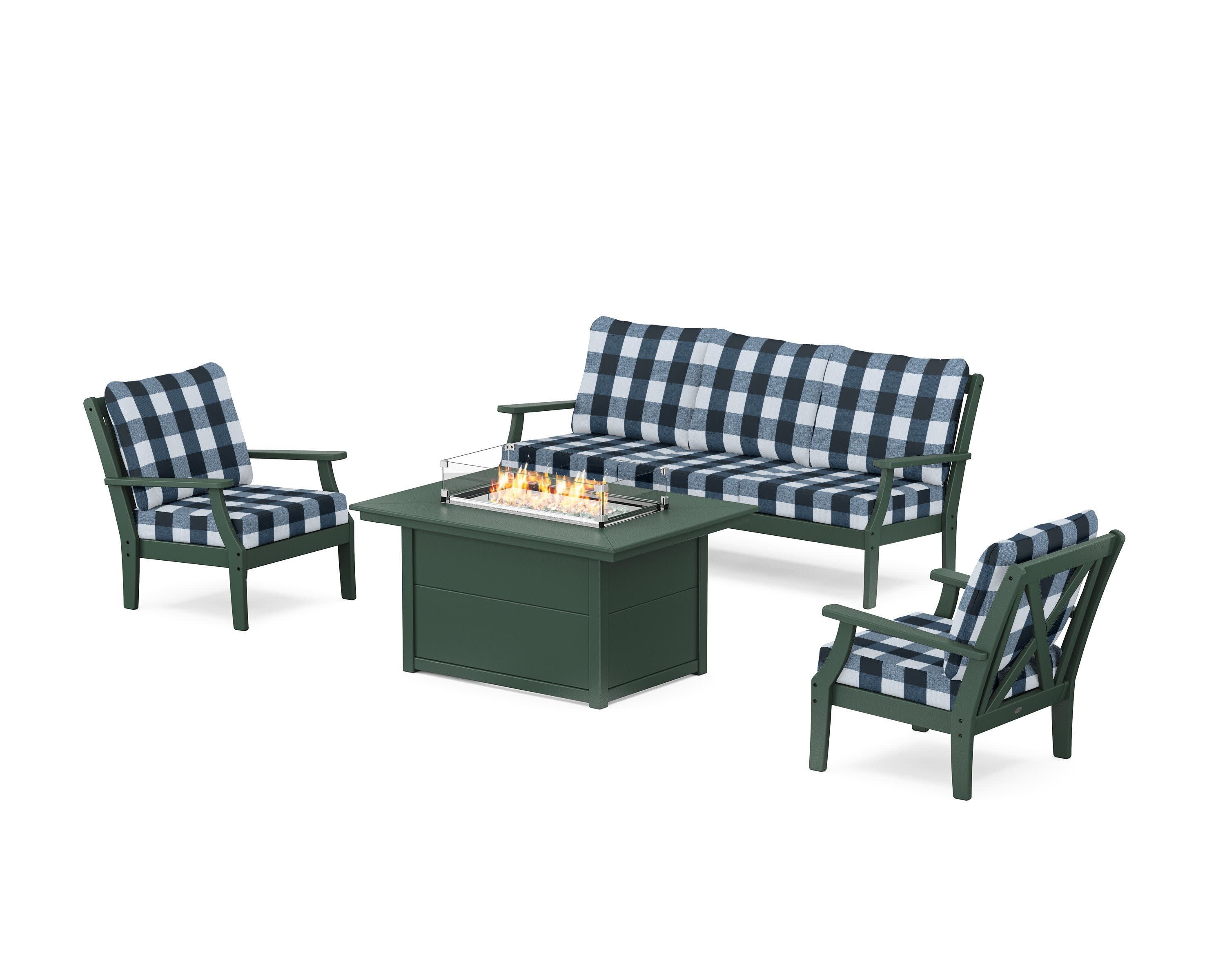 Braxton Deep Seating Fire Pit Table Set in Green / Buffalo Plaid Marine Indigo
