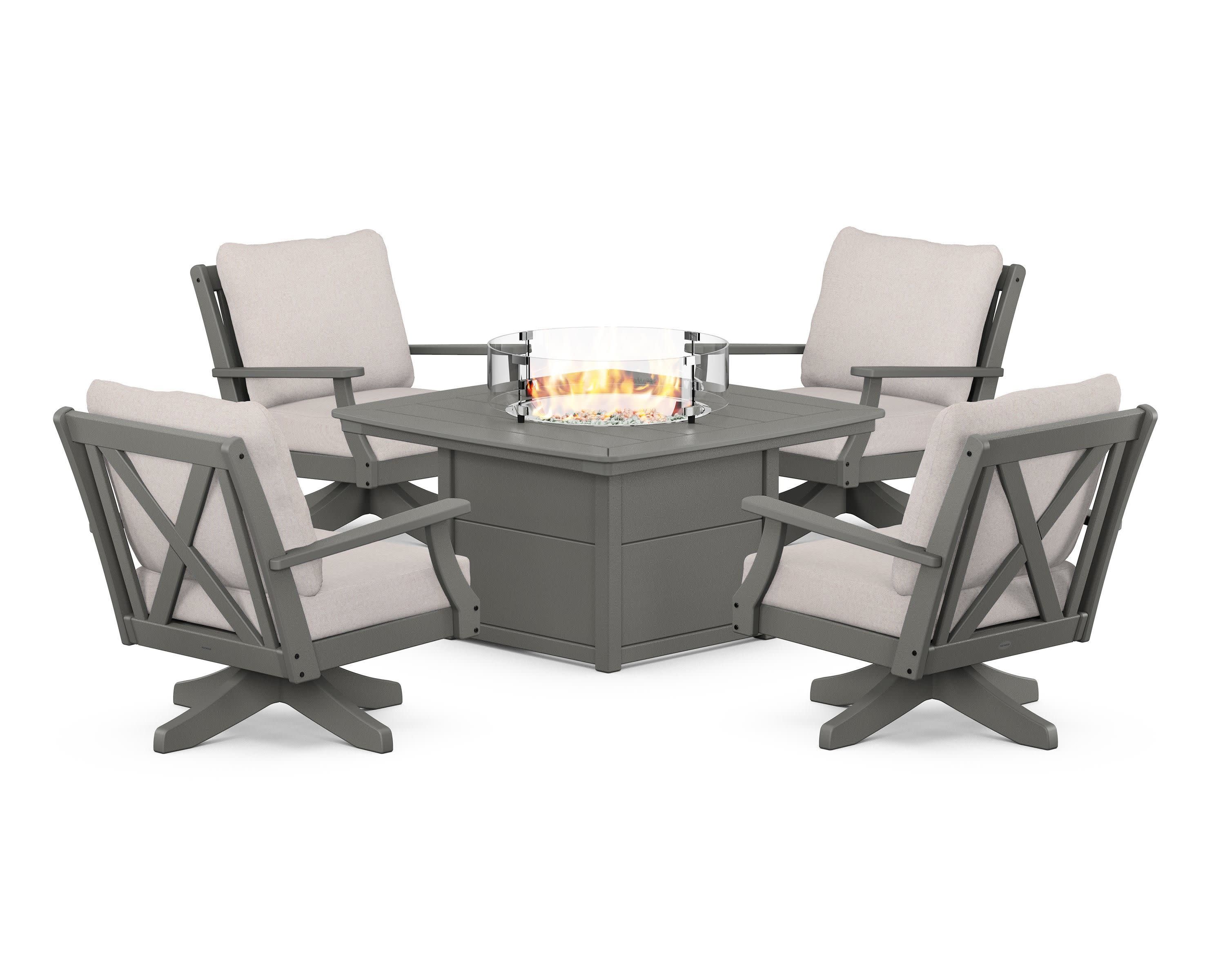 Braxton 5-Piece Deep Seating Swivel Conversation Set with Fire Pit Table in Slate Grey / Dune Burlap