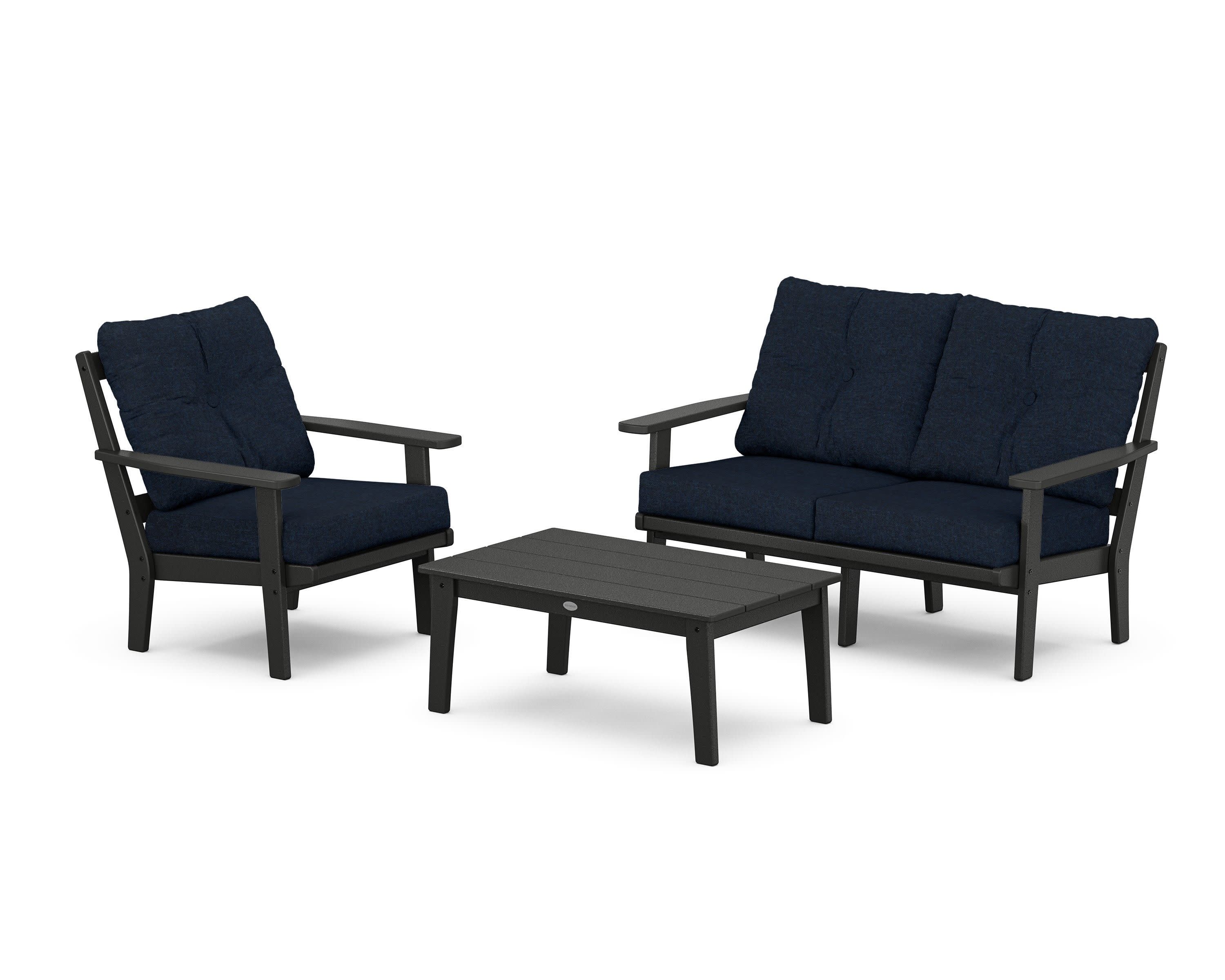 Oxford 3-Piece Deep Seating Set with Loveseat in Black / Marine Indigo