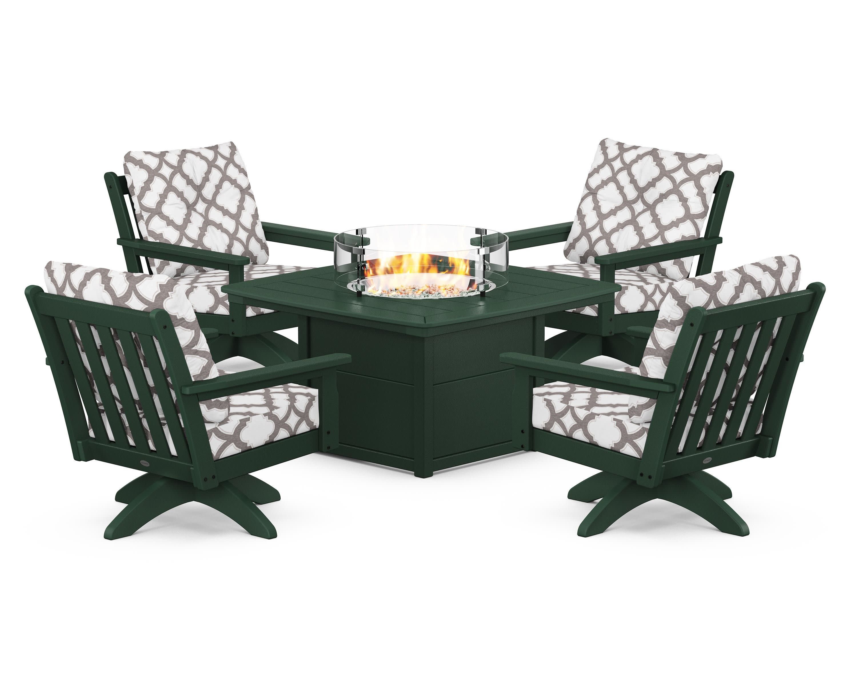 Vineyard 5-Piece Deep Seating Swivel Conversation Set with Fire Pit Table in Green / Trellis Grey Mist