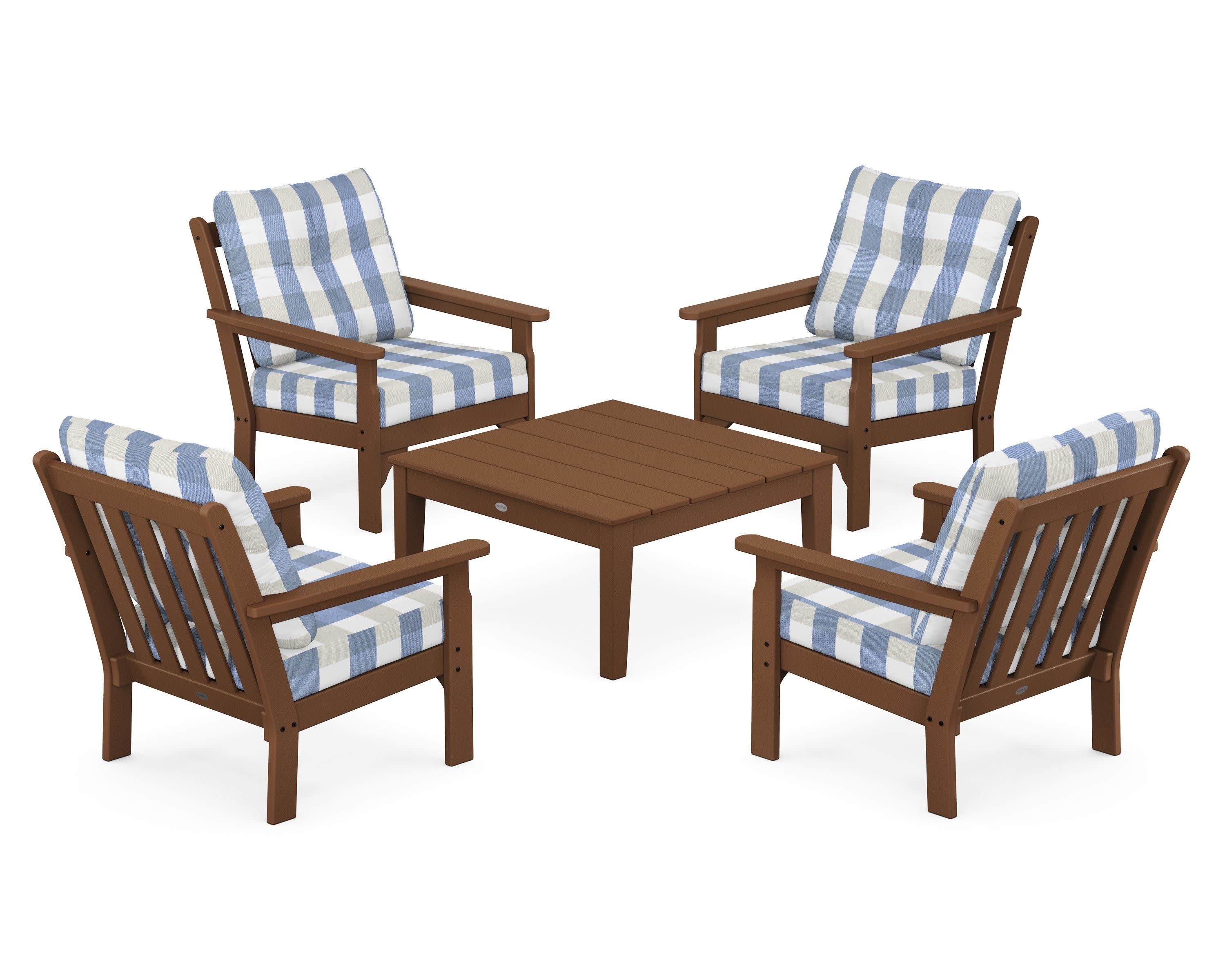 Vineyard 5-Piece Deep Seating Conversation Set in Teak / Buffalo Plaid Sky Blue
