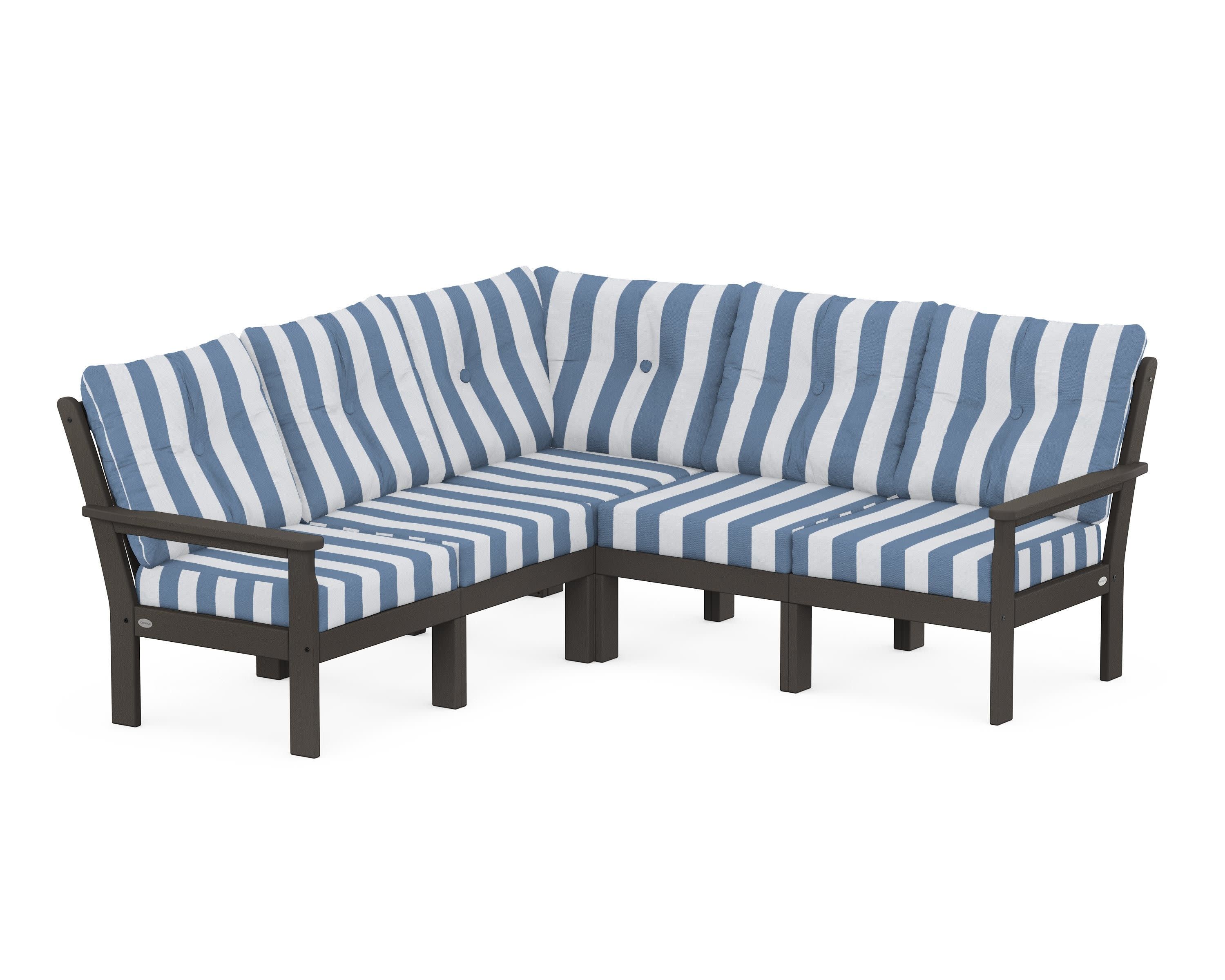 Vineyard 5-Piece Sectional in Vintage Coffee / Cabana Stripe Sky Blue