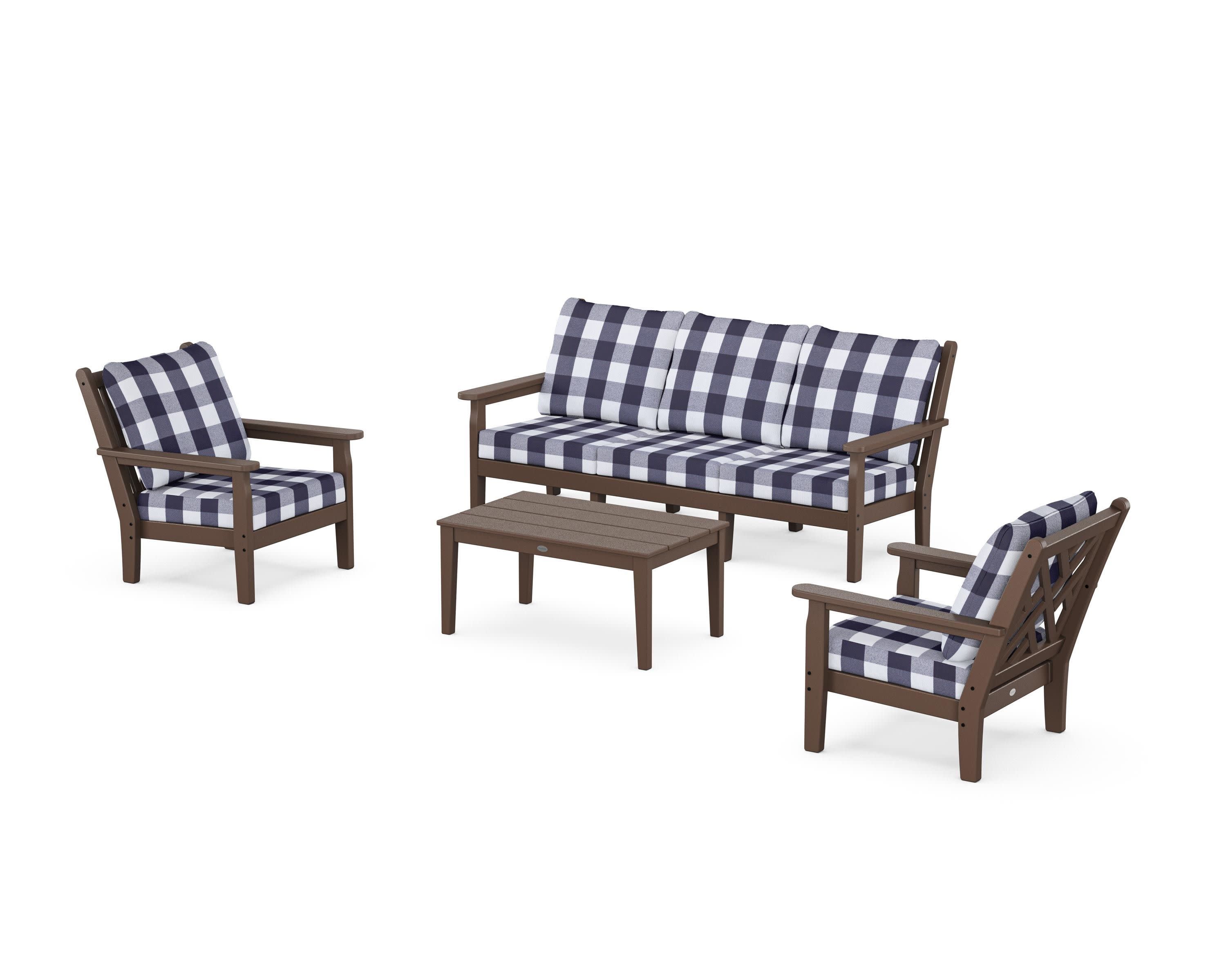 Chippendale 4-Piece Deep Seating Set with Sofa in Mahogany / Buffalo Plaid Navy