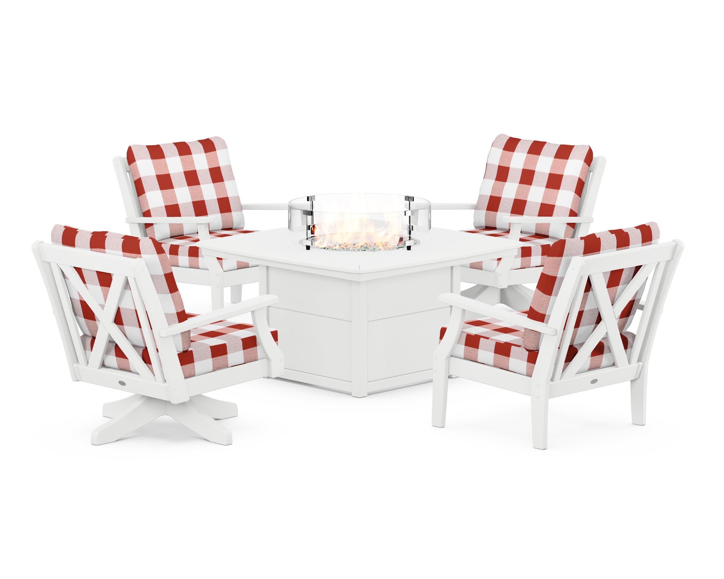 Braxton 5-Piece Deep Seating Set with Fire Table in White / Buffalo Plaid Crimson