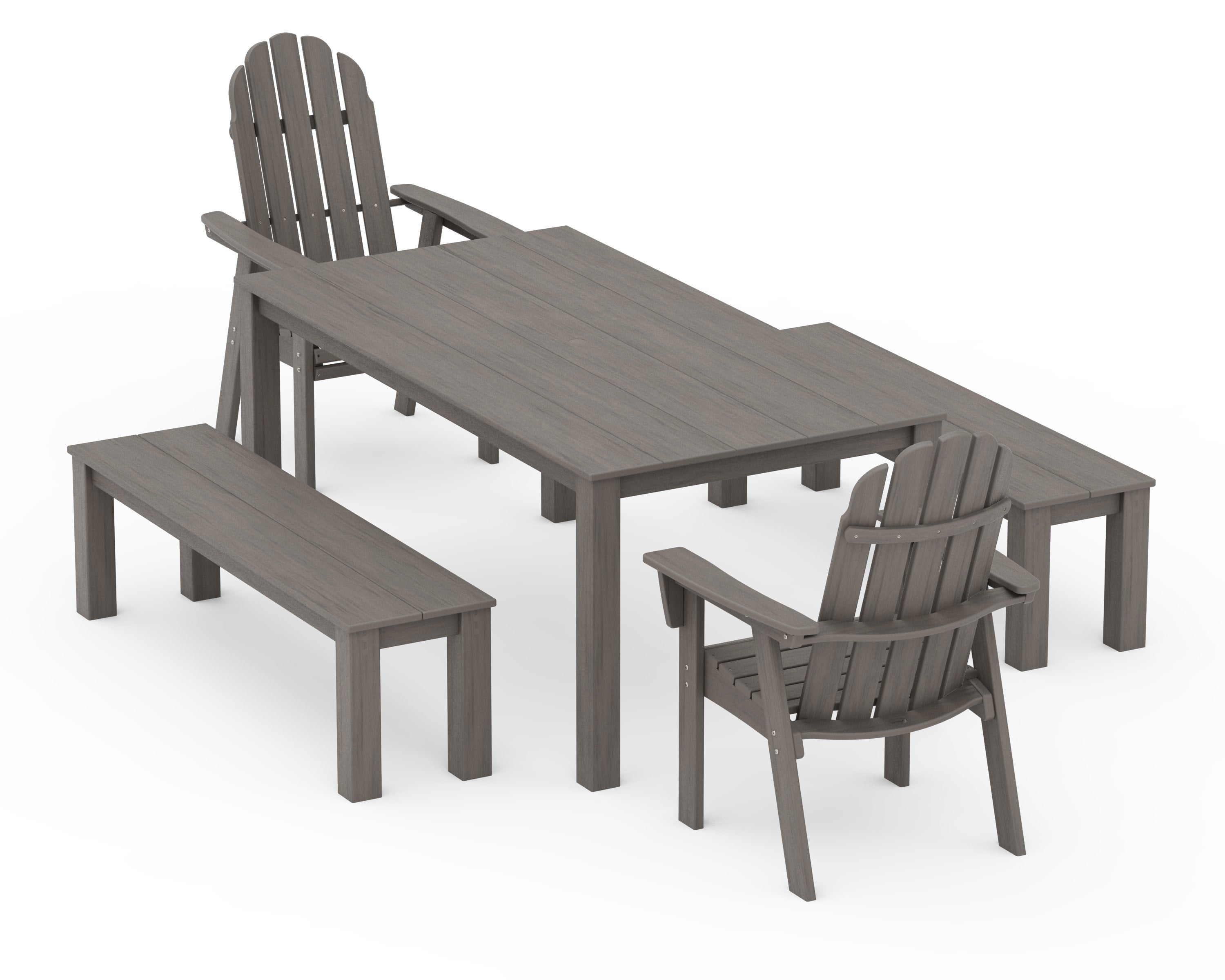 Vineyard Curveback Adirondack 5-Piece Parsons Dining Set with Benches in Driftwood