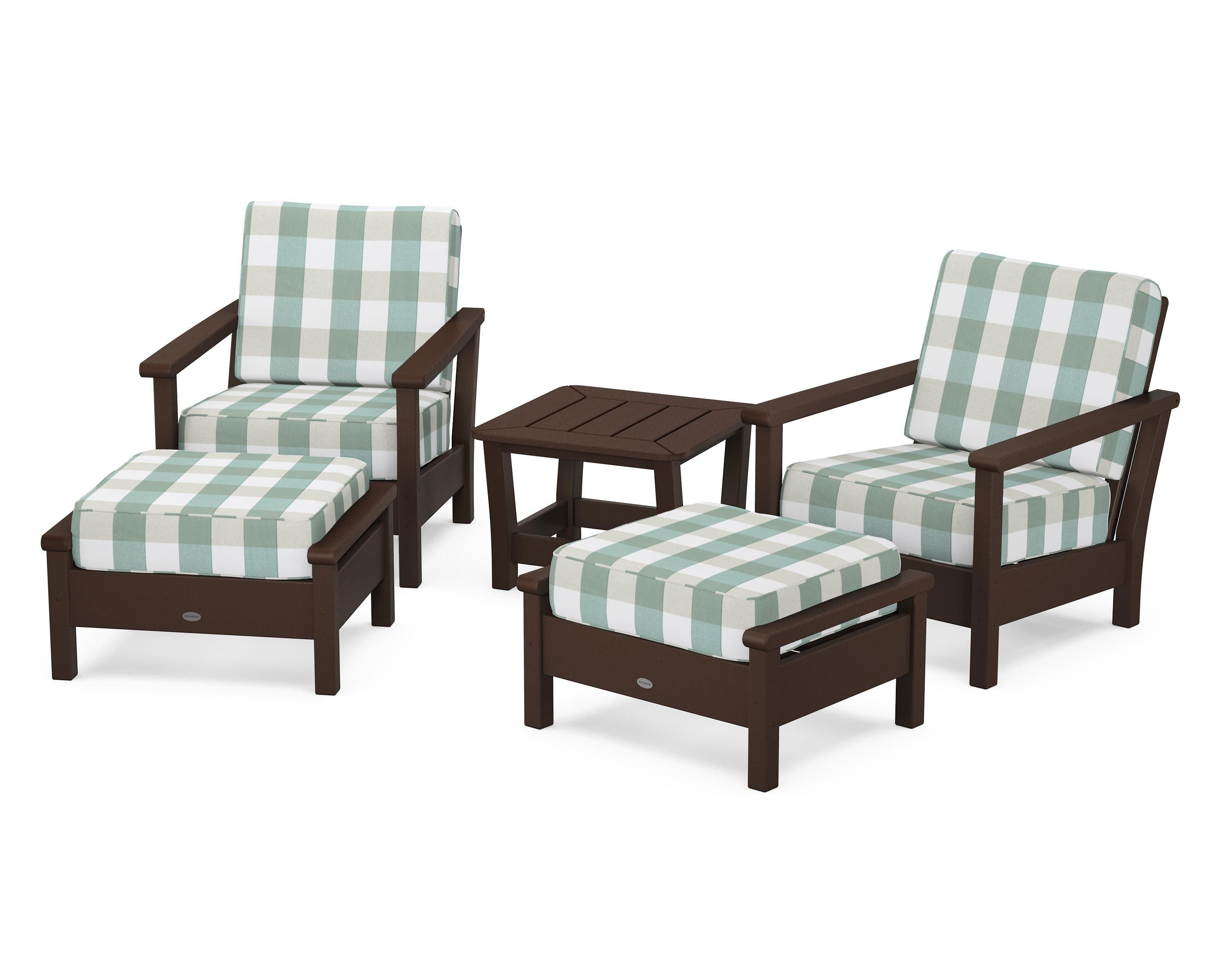Harbour 5-Piece Deep Seating Chair Set in Mahogany / Buffalo Plaid Glacier Spa