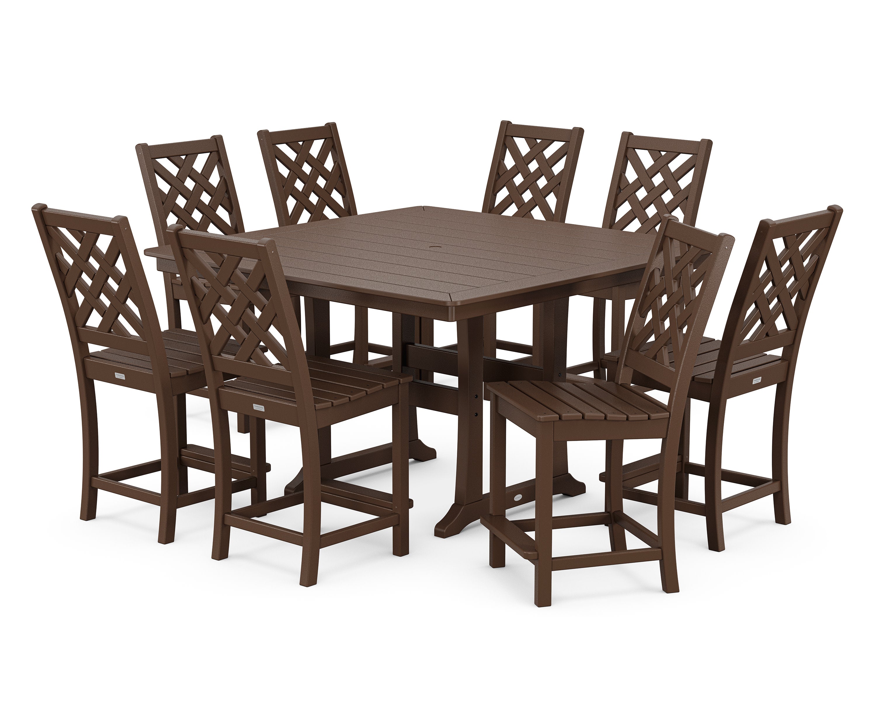 Wovendale Side Chair 9-Piece Square Counter Set with Trestle Legs in Mahogany