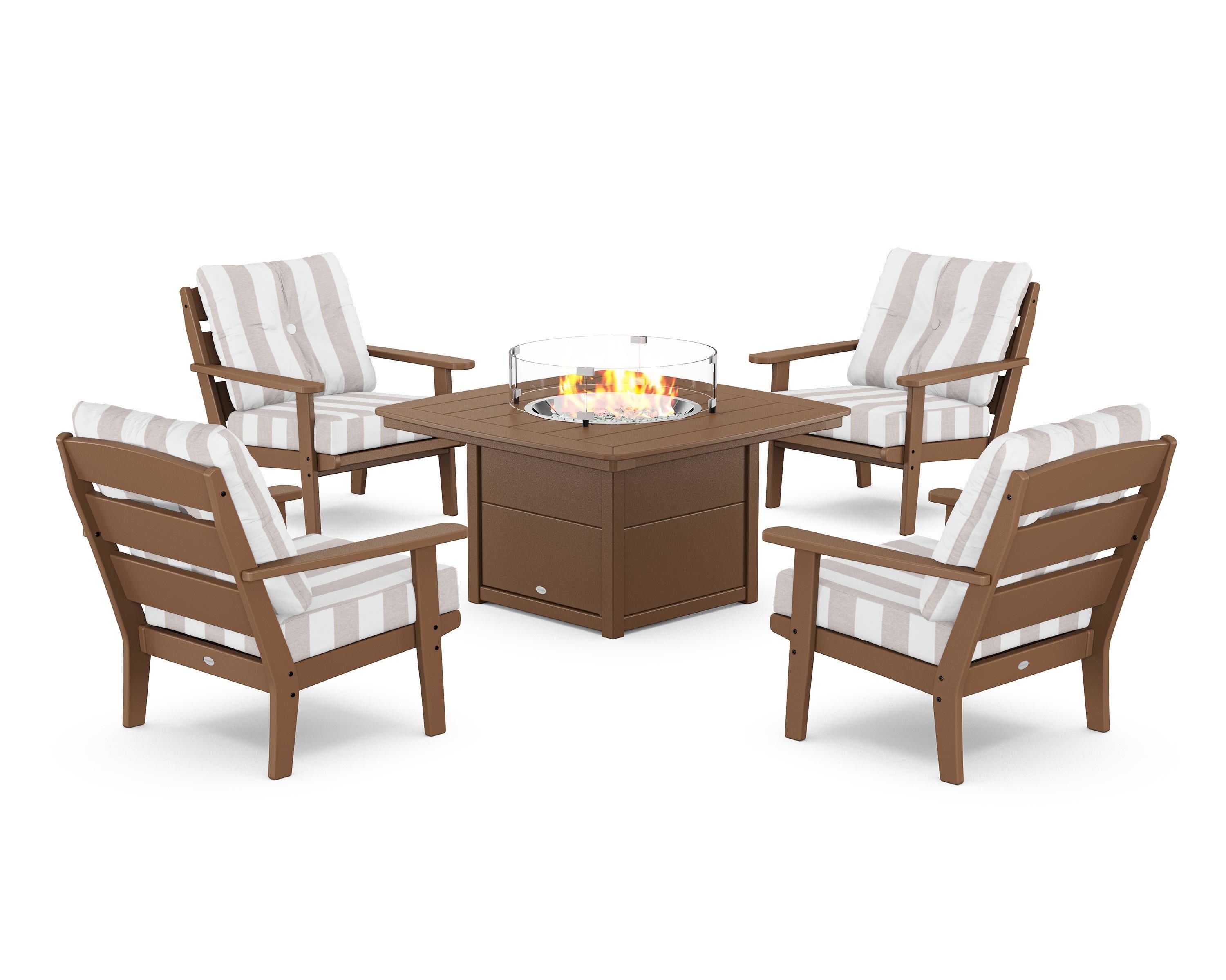 Lakeside 5-Piece Deep Seating Set with Nautical Fire Pit Table in Teak / Cabana Stripe Dune Burlap