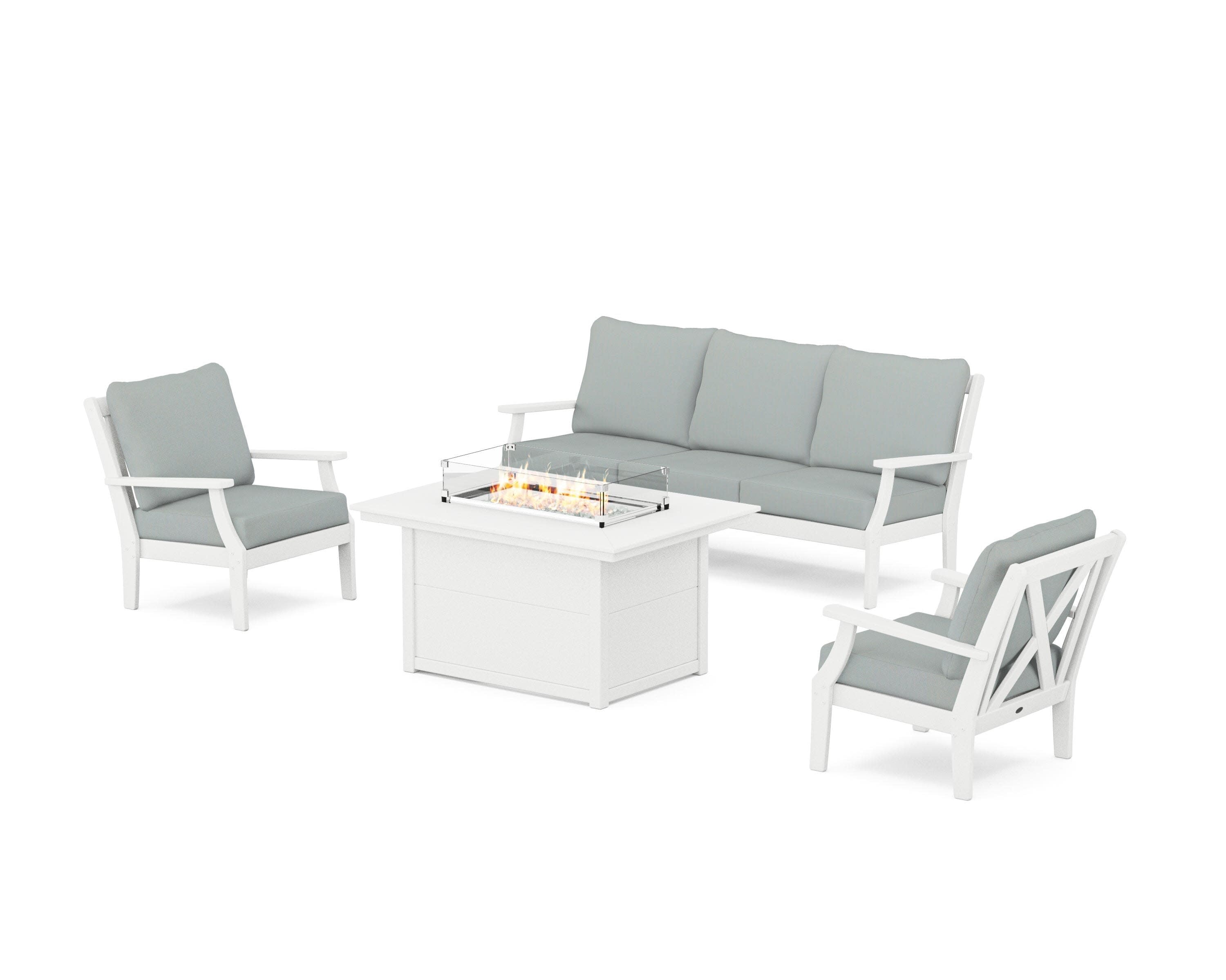 Braxton Deep Seating Fire Pit Table Set in White / Spa