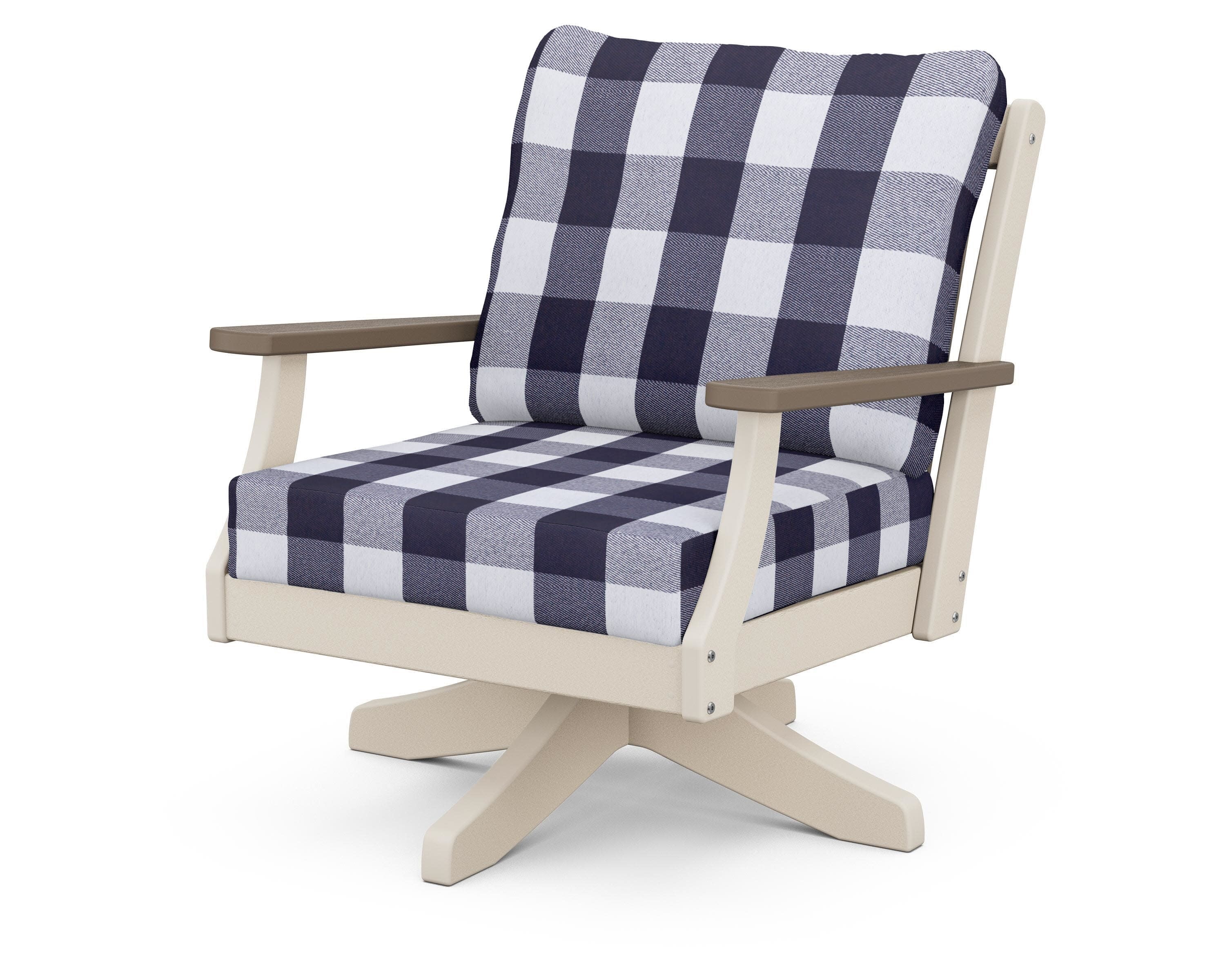 Braxton Deep Seating Swivel Chair in Sand / Kona / Buffalo Plaid Navy