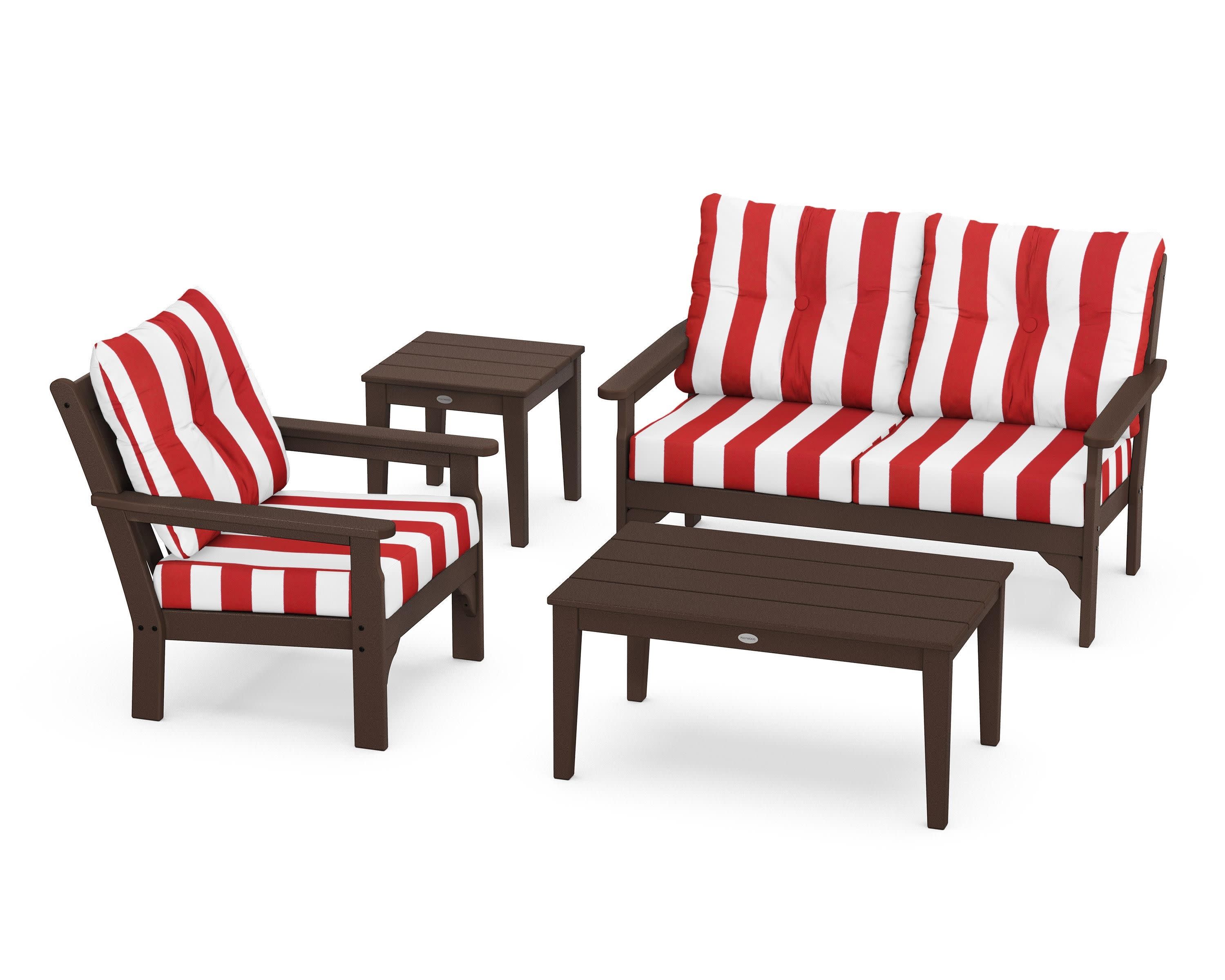 Vineyard 4-Piece Deep Seating Set in Mahogany / Cabana Stripe Crimson