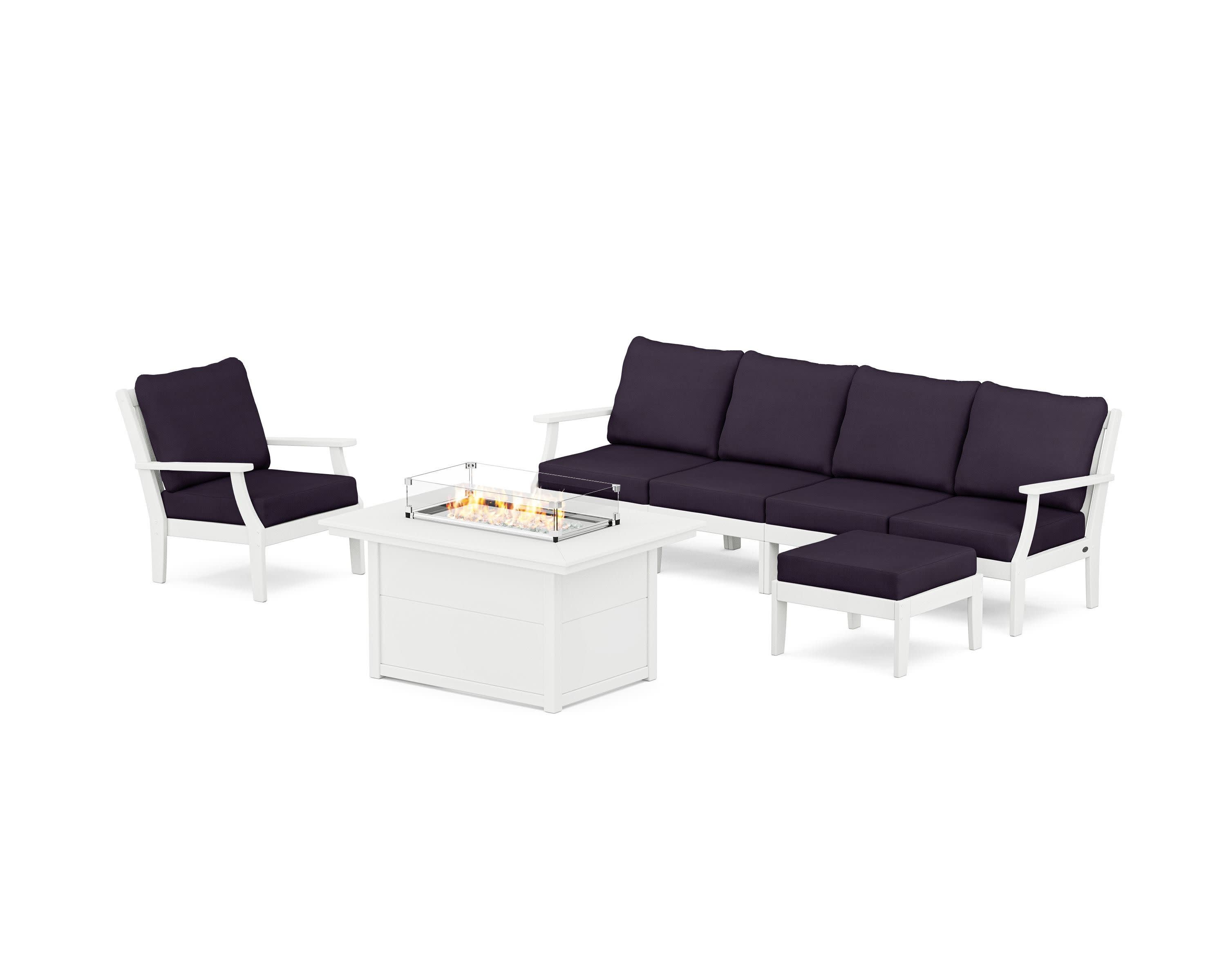 Braxton Sectional Lounge and Fire Pit Set in White / Navy Linen