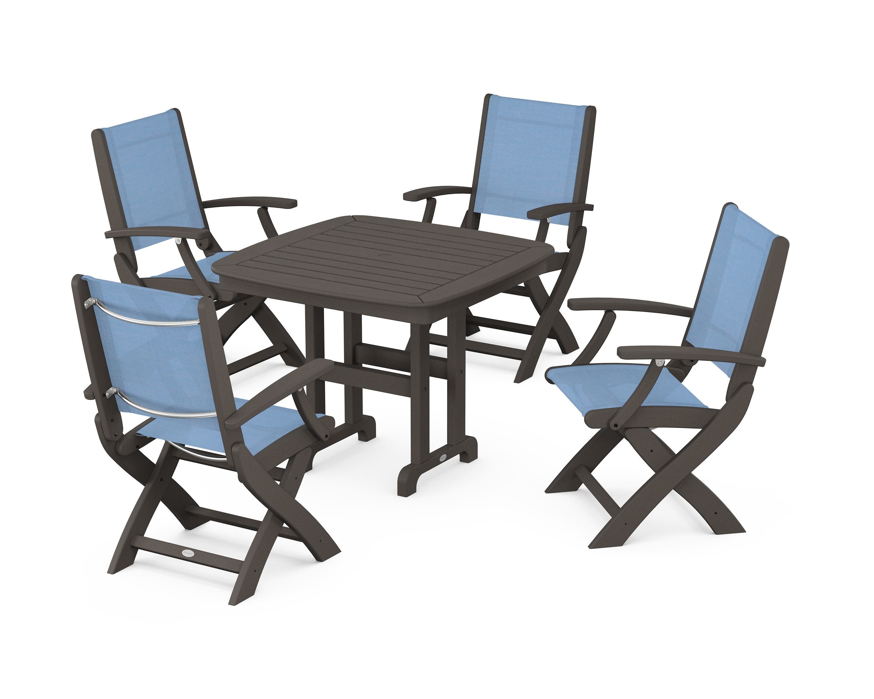 Coastal Folding Chair 5-Piece Dining Set in Vintage Coffee / Poolside Sling