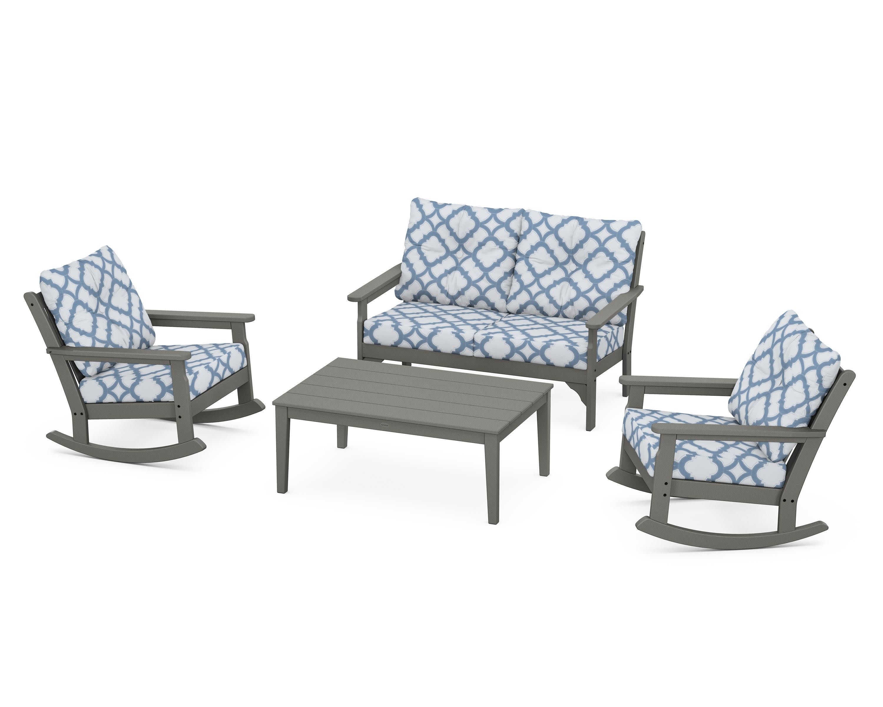Vineyard 4-Piece Deep Seating Rocking Chair Set in Slate Grey / Trellis Sky Blue