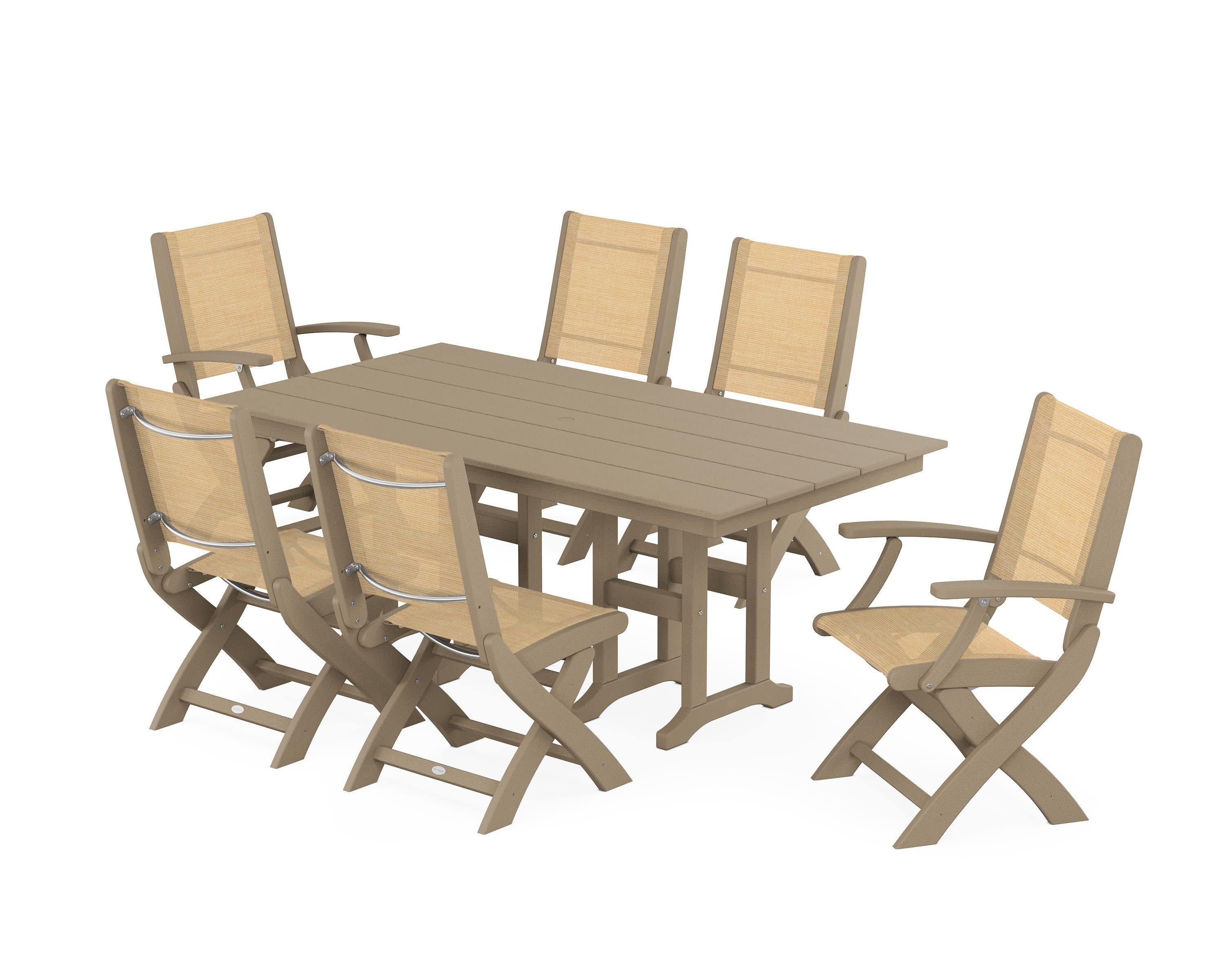 Coastal Folding Chair 7-Piece Farmhouse Dining Set in Vintage Sahara / Dupioni Apricot Sling