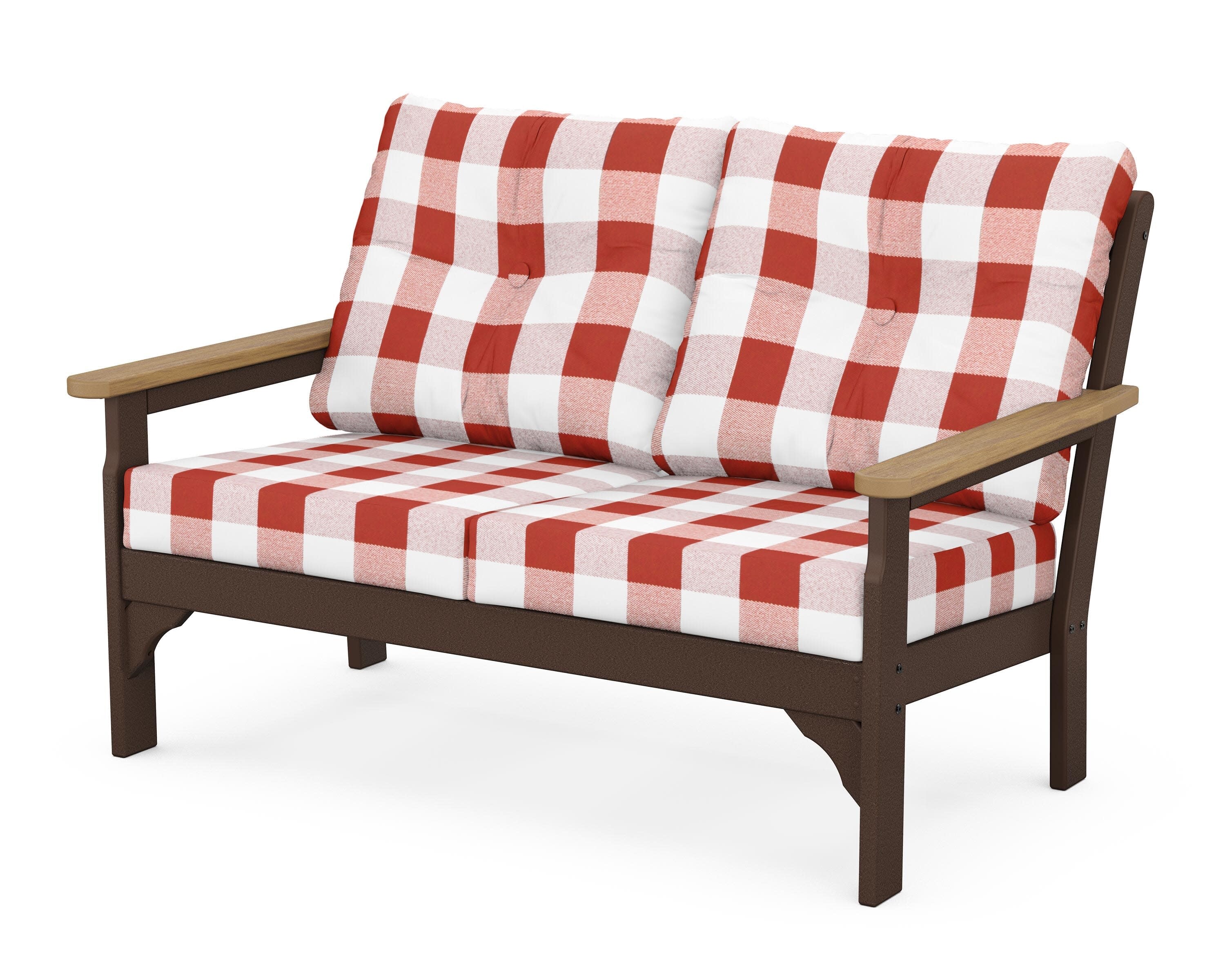 Vineyard Deep Seating Loveseat in Mahogany / Natural / Buffalo Plaid Crimson