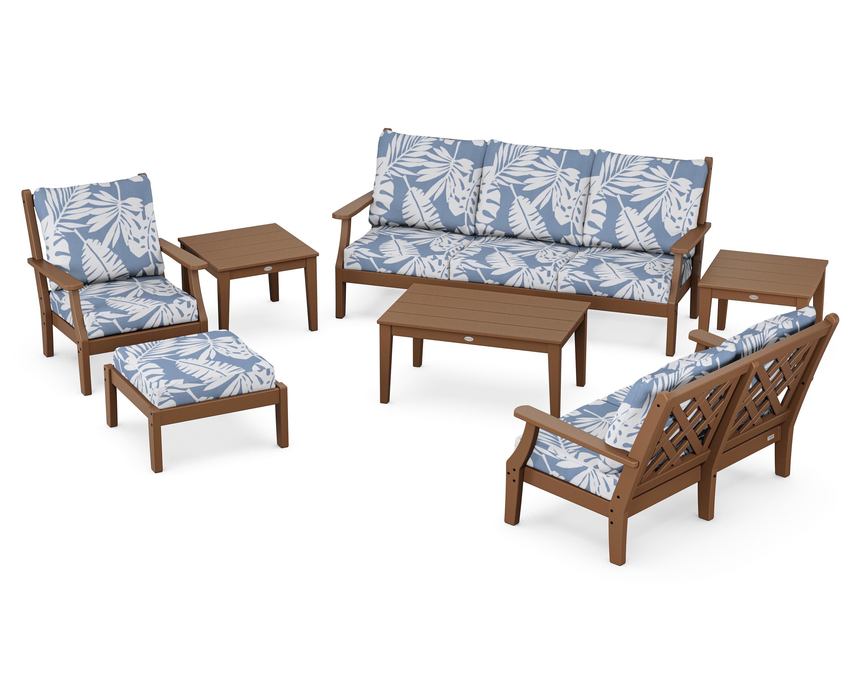 Wovendale 7-Piece Deep Seating Set in Teak / Leaf Sky Blue
