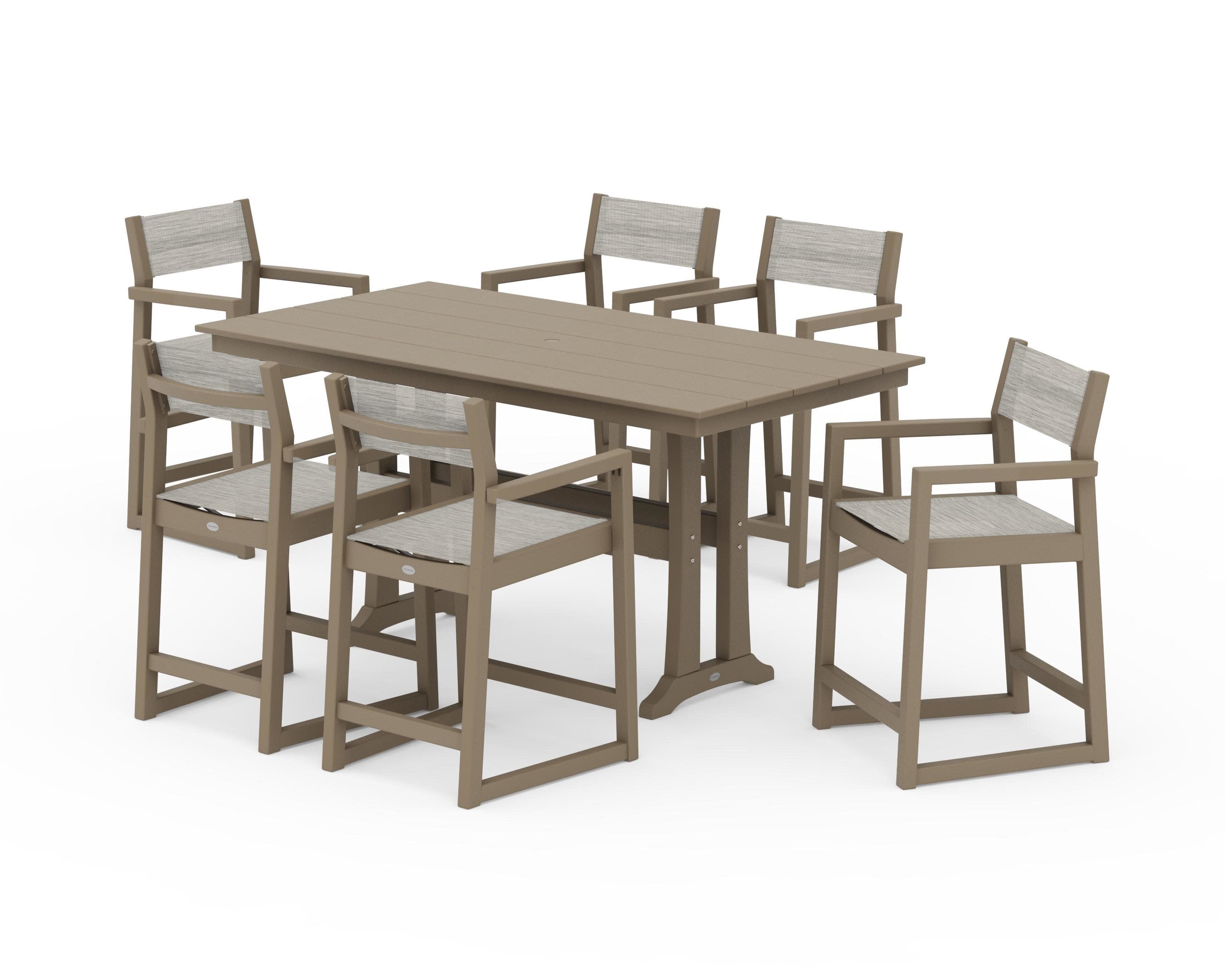 EDGE Sling Arm Chair 7-Piece Farmhouse Counter Set with Trestle Legs in Vintage Sahara / Birch Sling