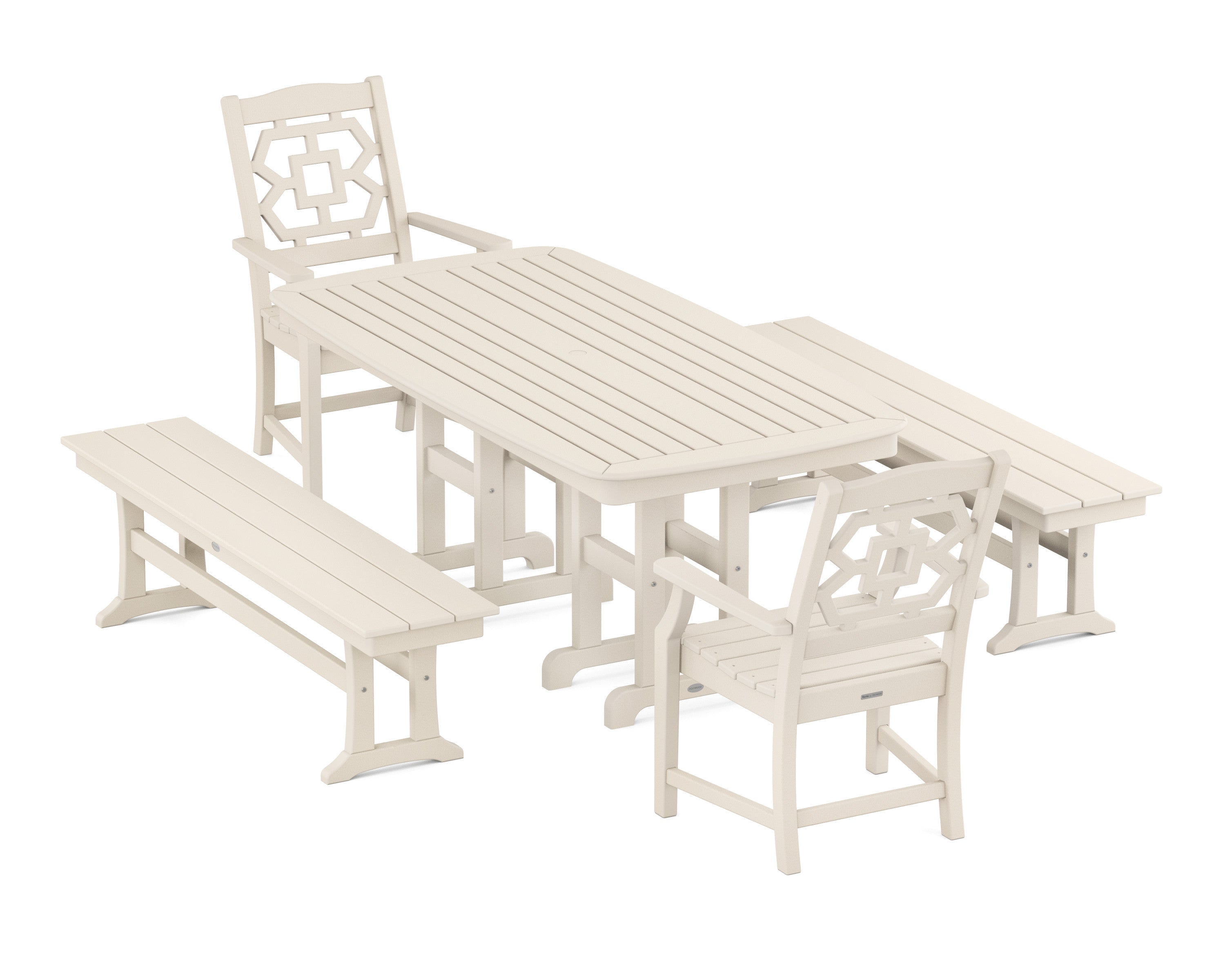 Chinoiserie 5-Piece Dining Set with Benches in Sand