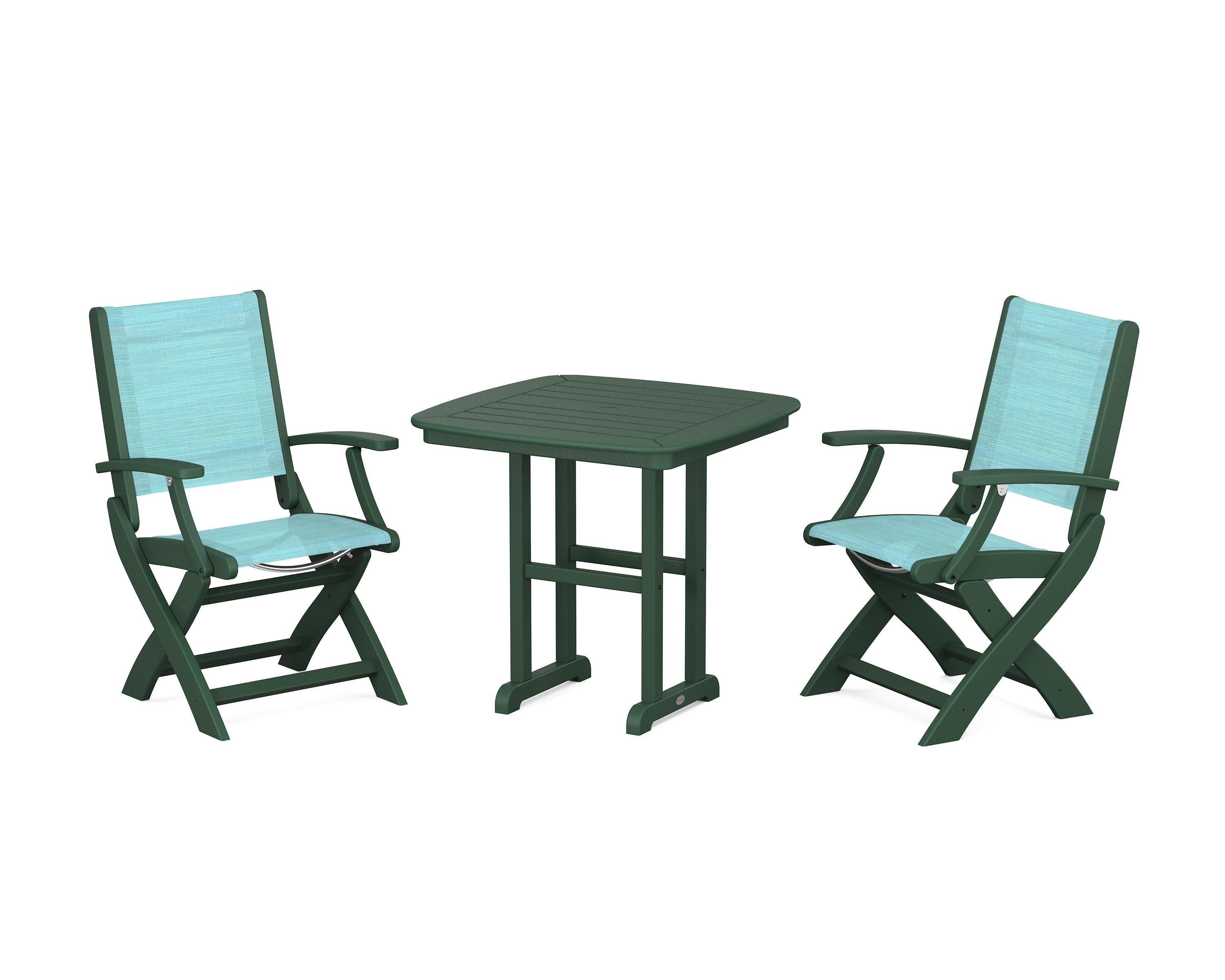 Coastal Folding Chair 3-Piece Dining Set in Green / Dupioni Aquamarine Sling