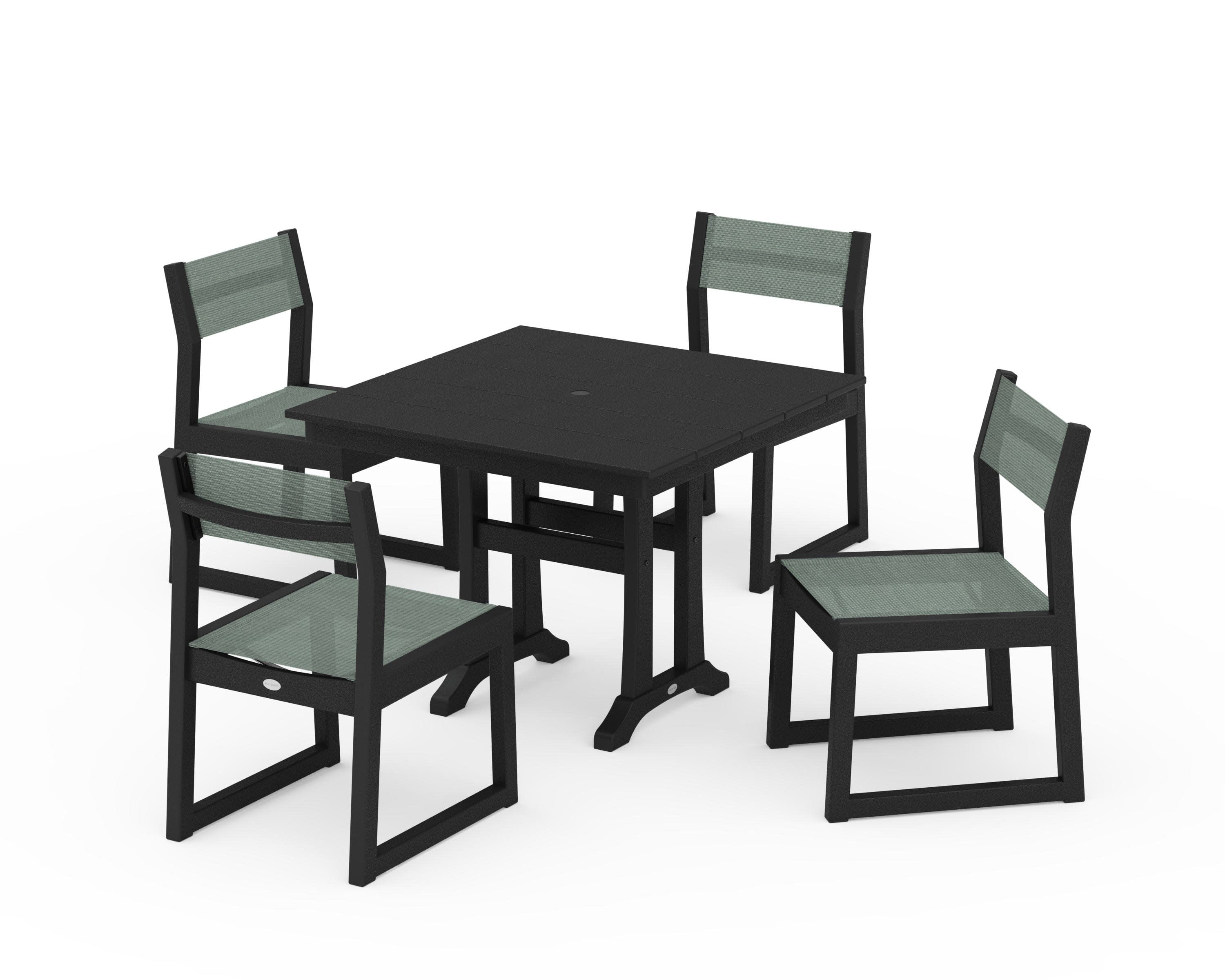 EDGE Sling 5-Piece Farmhouse Trestle Side Chair Dining Set in Black / Dupioni Sea Mist Sling