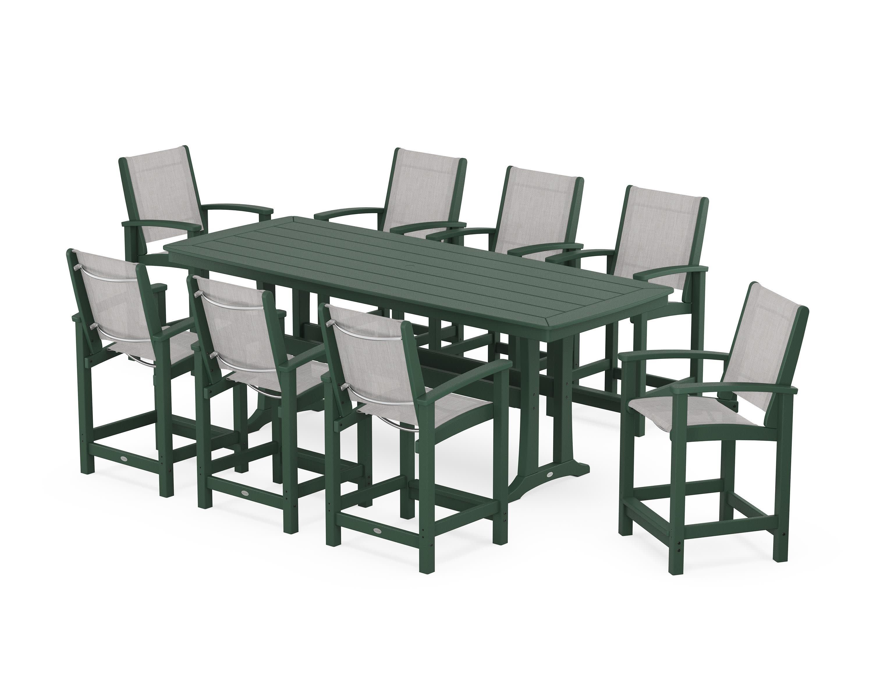 Coastal 9-Piece Counter Set with Trestle Legs in Green / Parchment Sling
