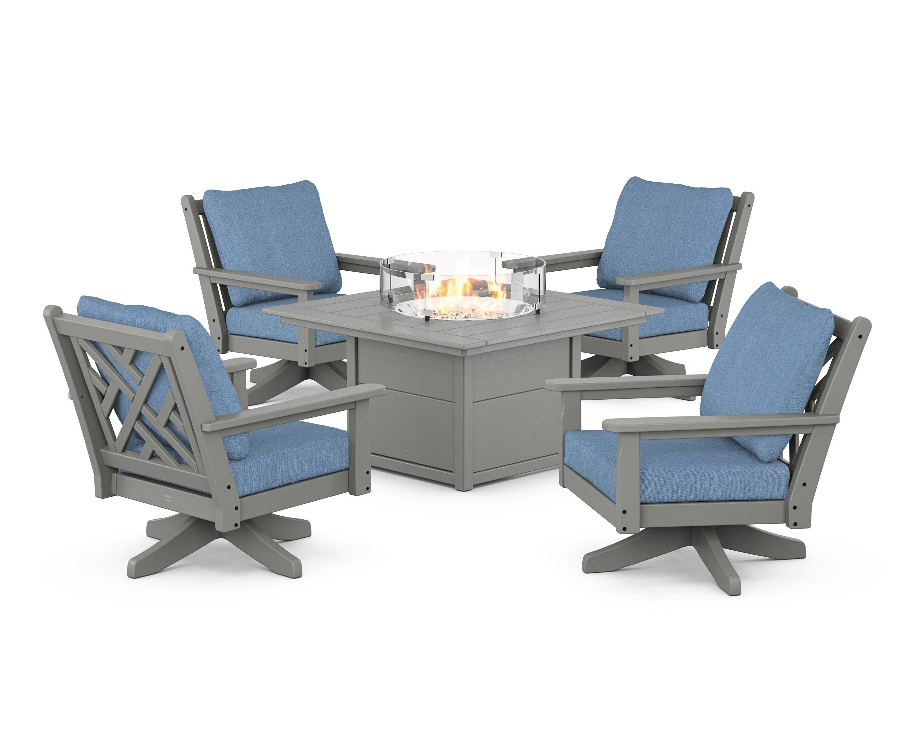 Chippendale 5-Piece Deep Seating Swivel Conversation Set with Fire Pit Table in Slate Grey / Sky Blue