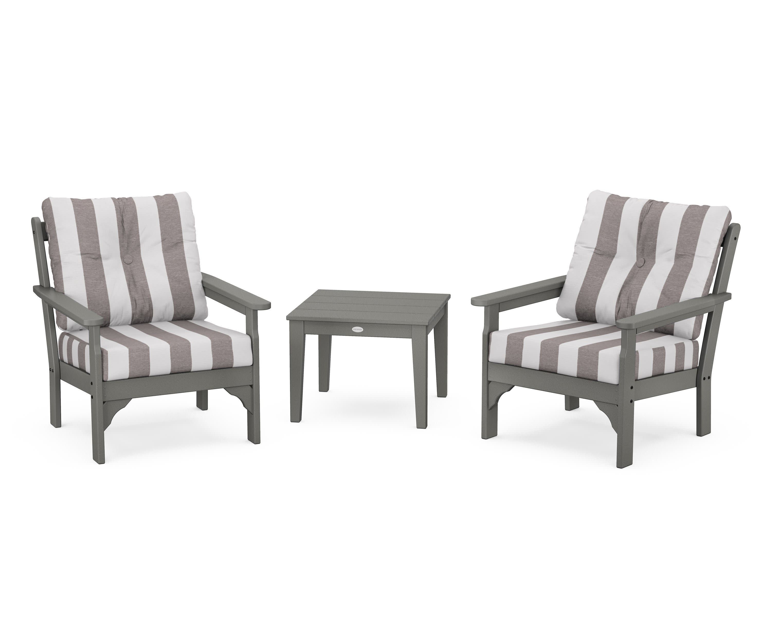 Vineyard 3-Piece Deep Seating Set in Slate Grey / Cabana Stripe Grey Mist