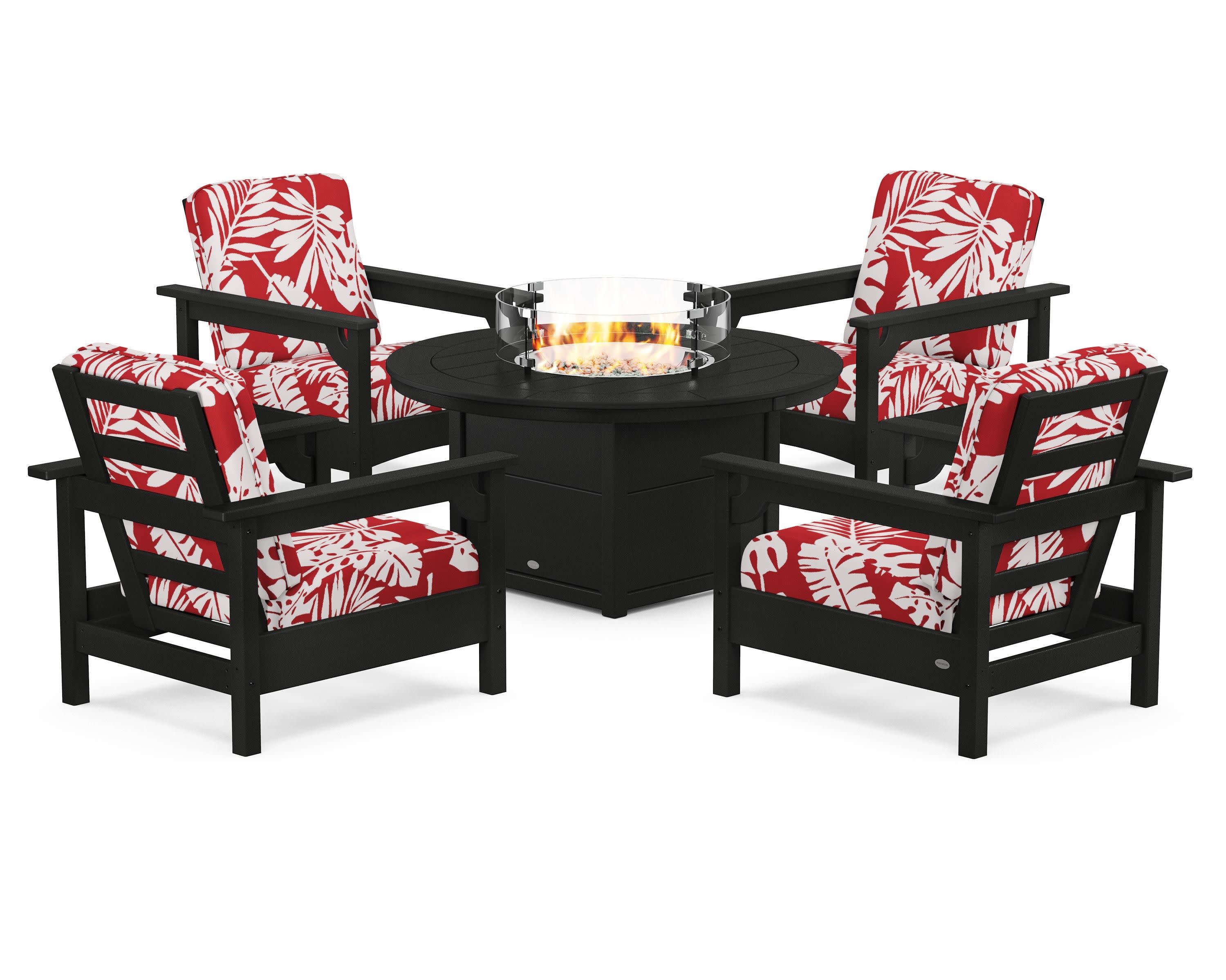Club 5-Piece Conversation Set with Fire Pit Table in Black / Leaf Crimson