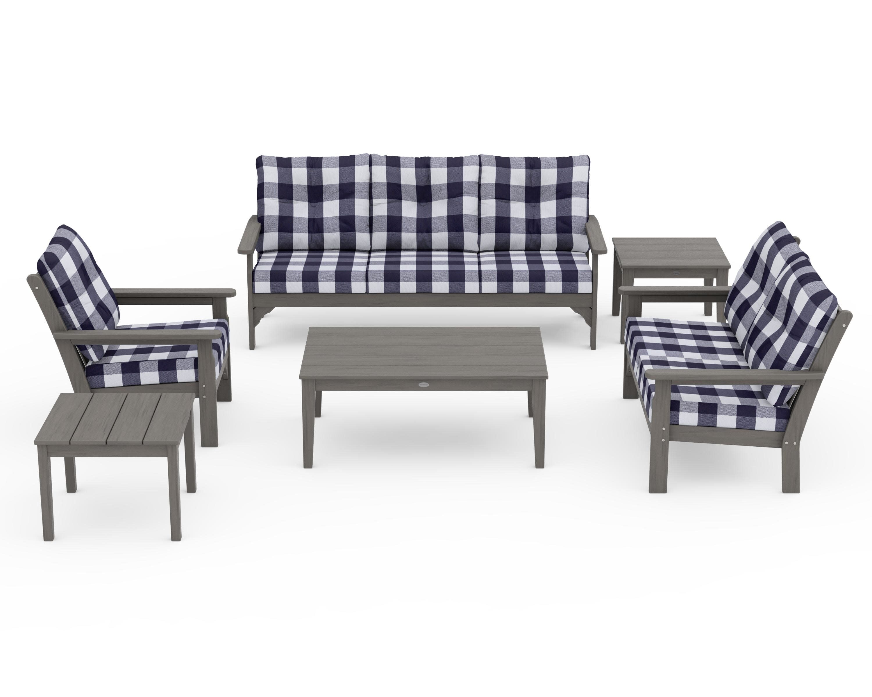 Vineyard 6-Piece Deep Seating Set in Driftwood / Buffalo Plaid Navy