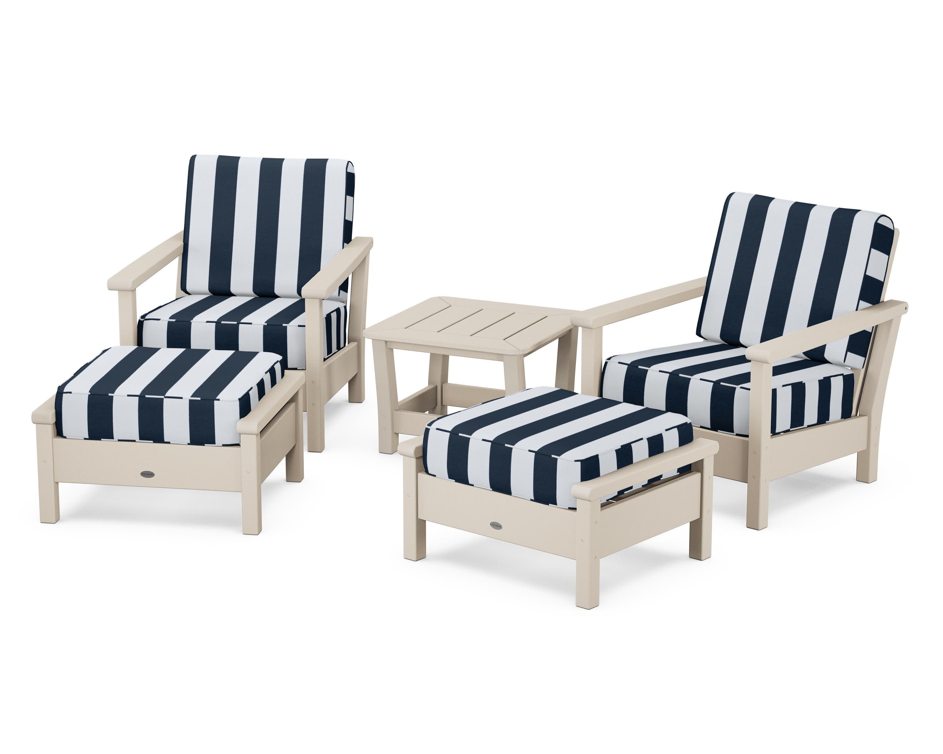 Harbour 5-Piece Deep Seating Chair Set in Sand / Cabana Stripe Marine Indigo