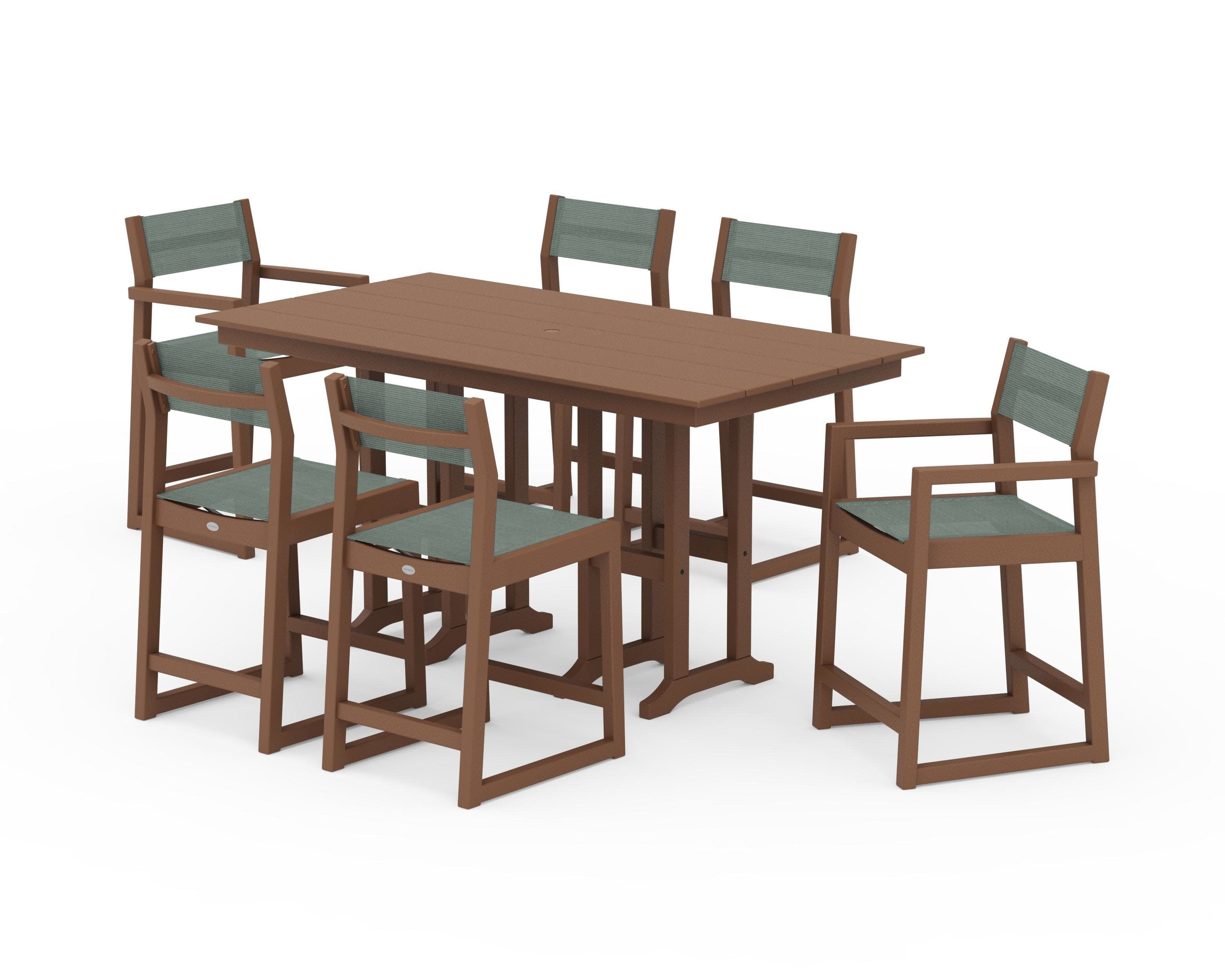 EDGE Sling 7-Piece Farmhouse Counter Set with Trestle Legs in Teak / Dupioni Sea Mist Sling