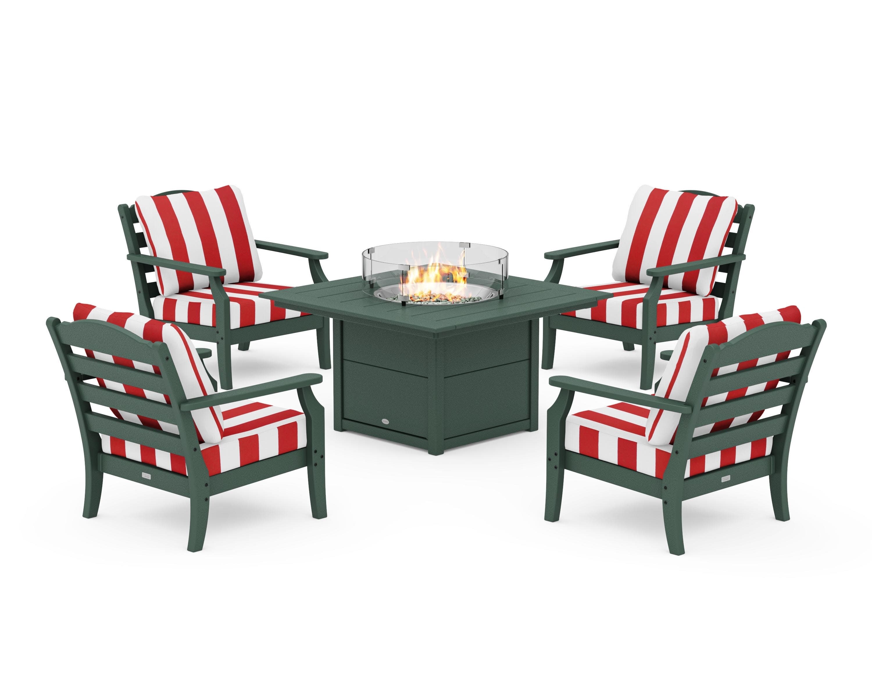 Savannah 5-Piece Deep Seating Set with Fire Pit Table in Green / Cabana Stripe Crimson