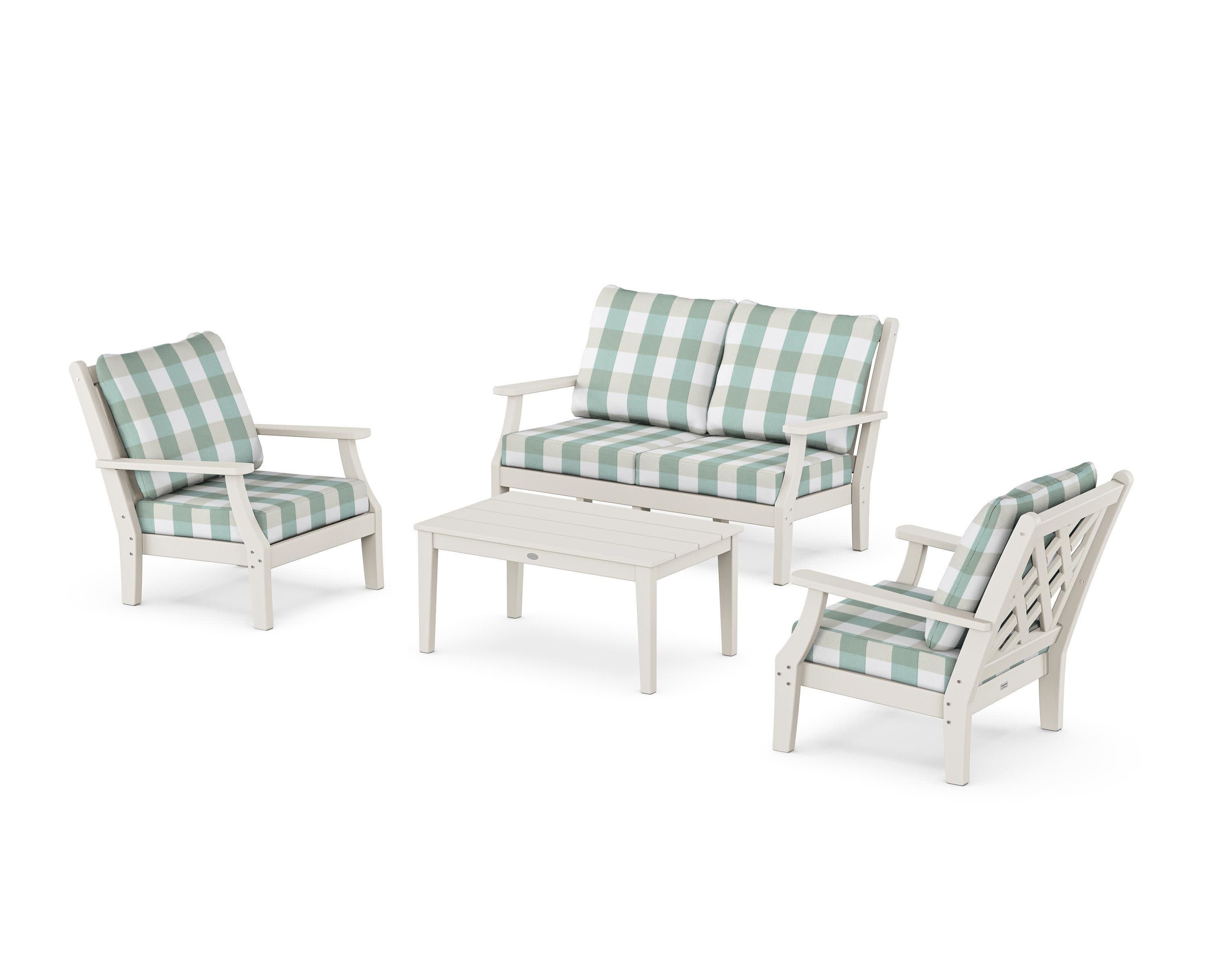 Wovendale 4-Piece Deep Seating Set with Loveseat in Sand / Buffalo Plaid Glacier Spa