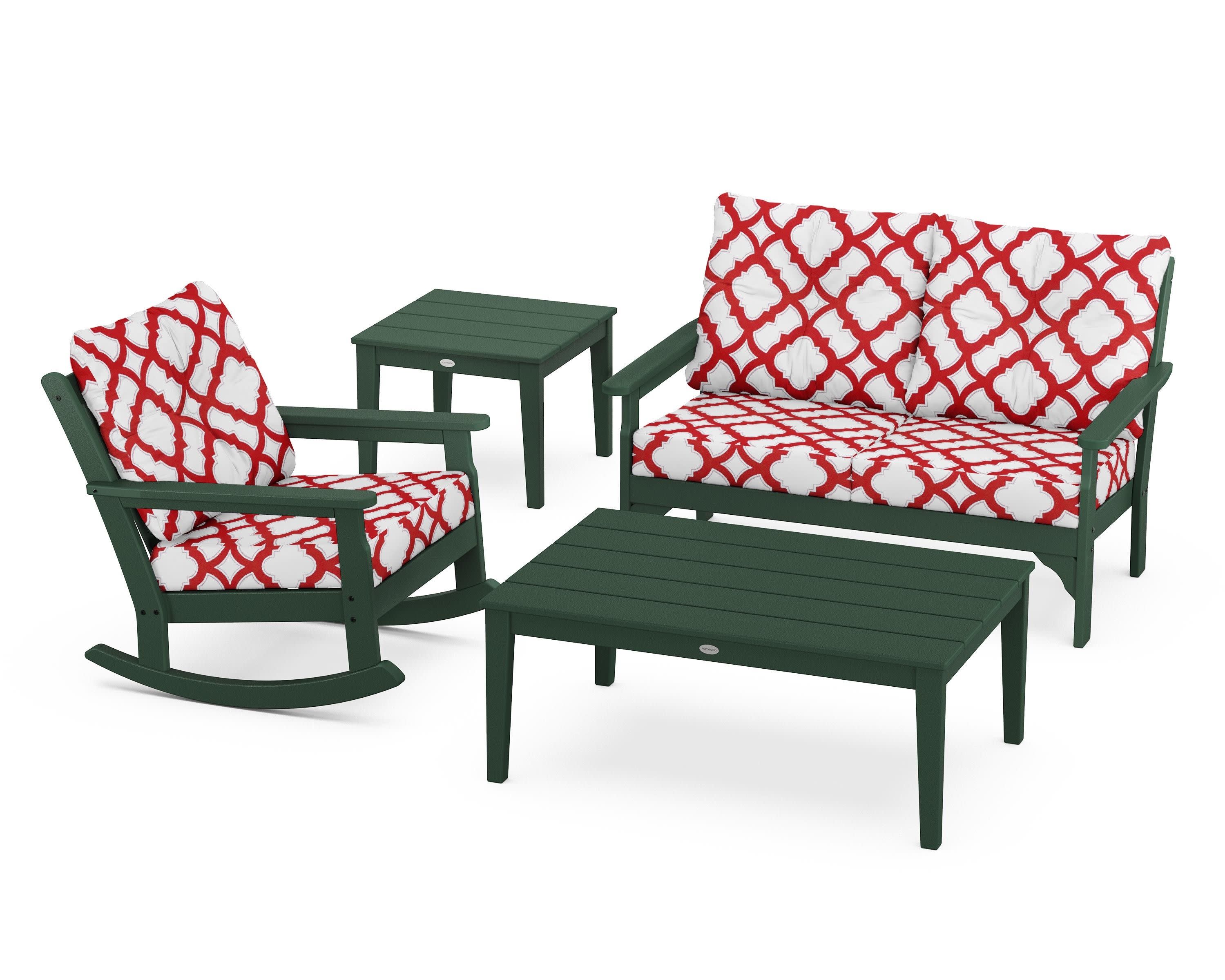 Vineyard 4-Piece Deep Seating Rocker Set in Green / Trellis Crimson