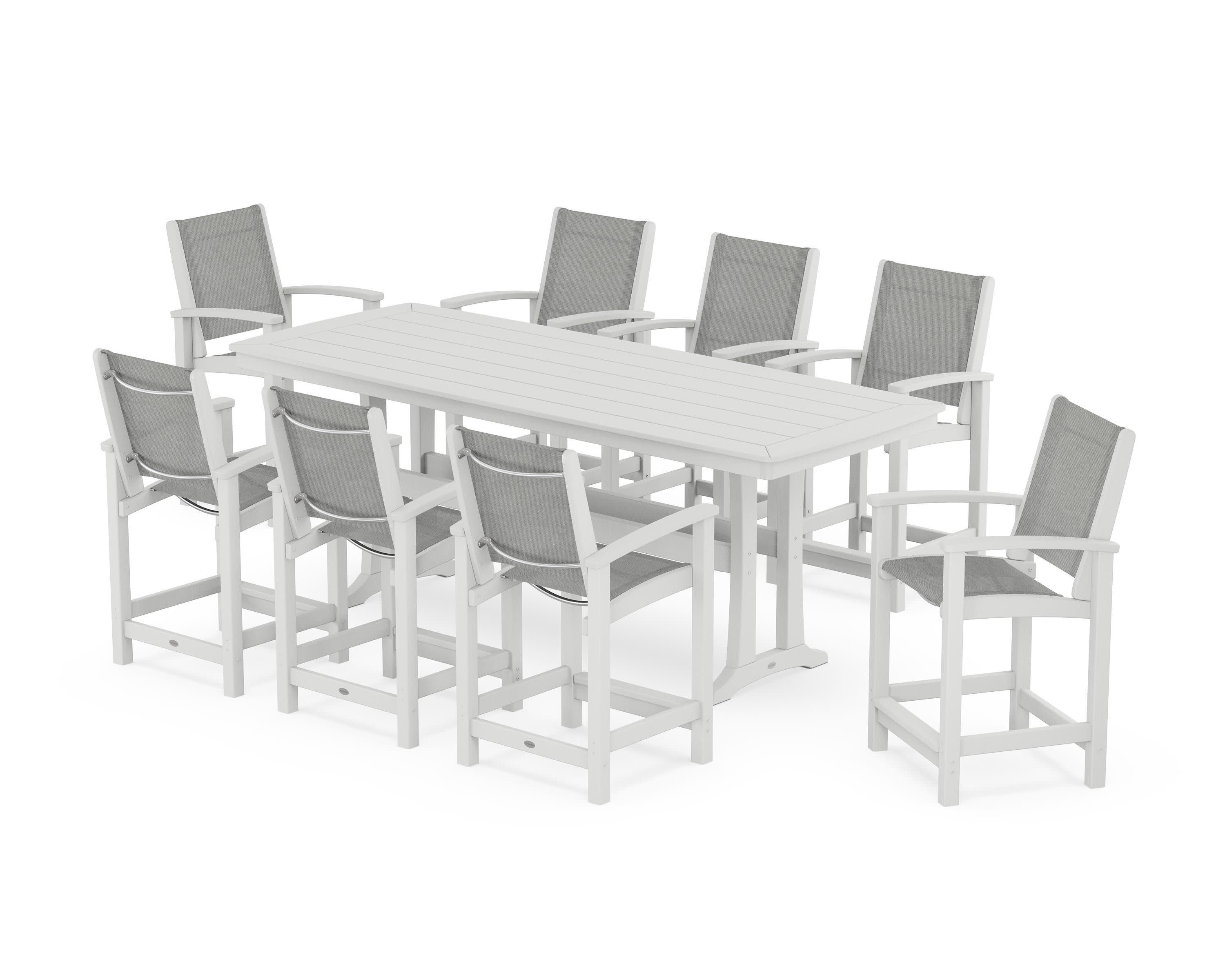 Coastal 9-Piece Counter Set with Trestle Legs in White / Metallic Sling