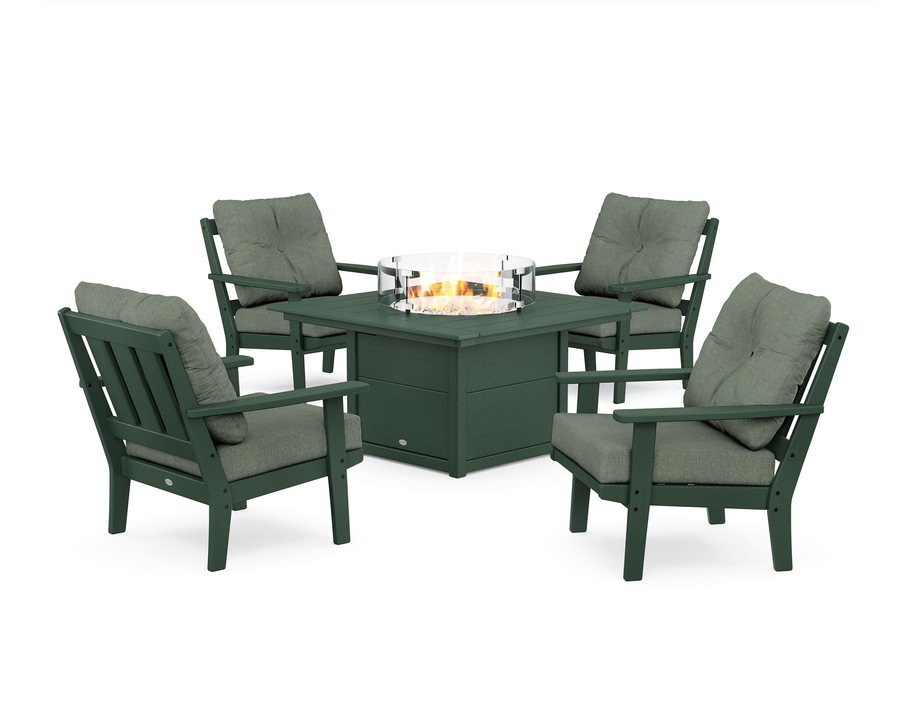 Oxford 5-Piece Deep Seating Set with Fire Pit Table in Green / Cast Sage