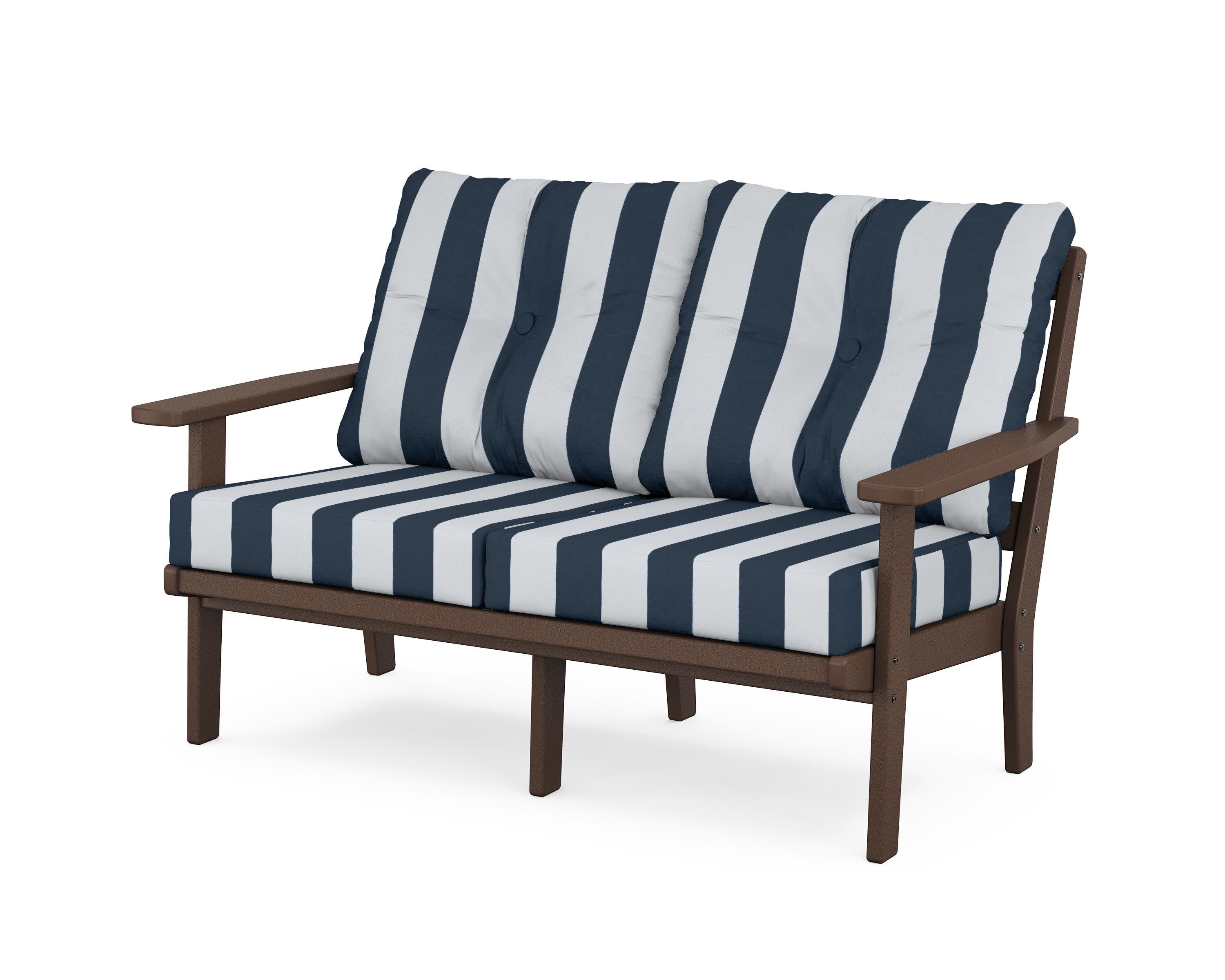 Oxford Deep SeatingLoveseat in Mahogany / Cabana Stripe Marine Indigo
