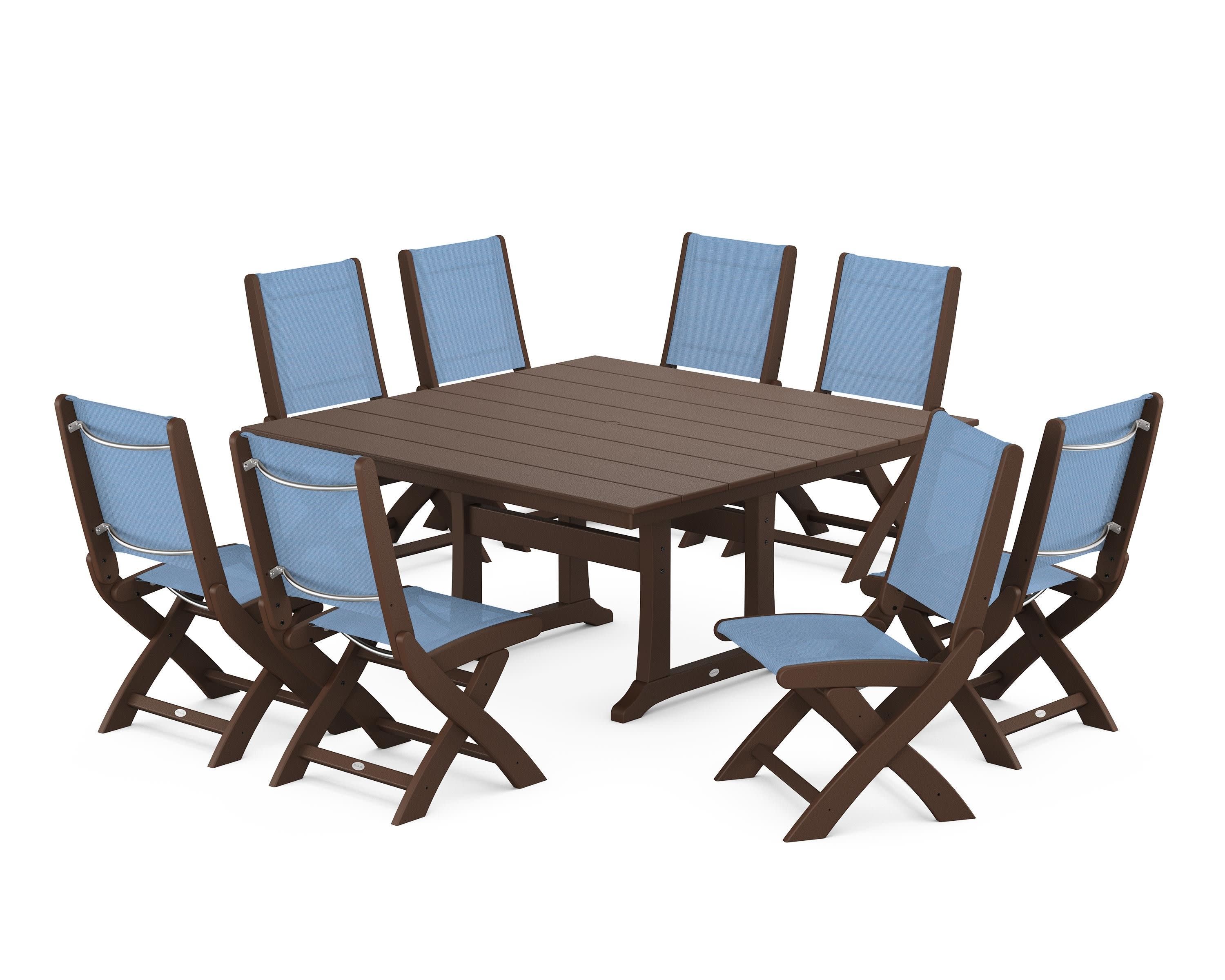 Coastal Folding Side Chair 9-Piece Farmhouse Dining Set in Mahogany / Poolside Sling