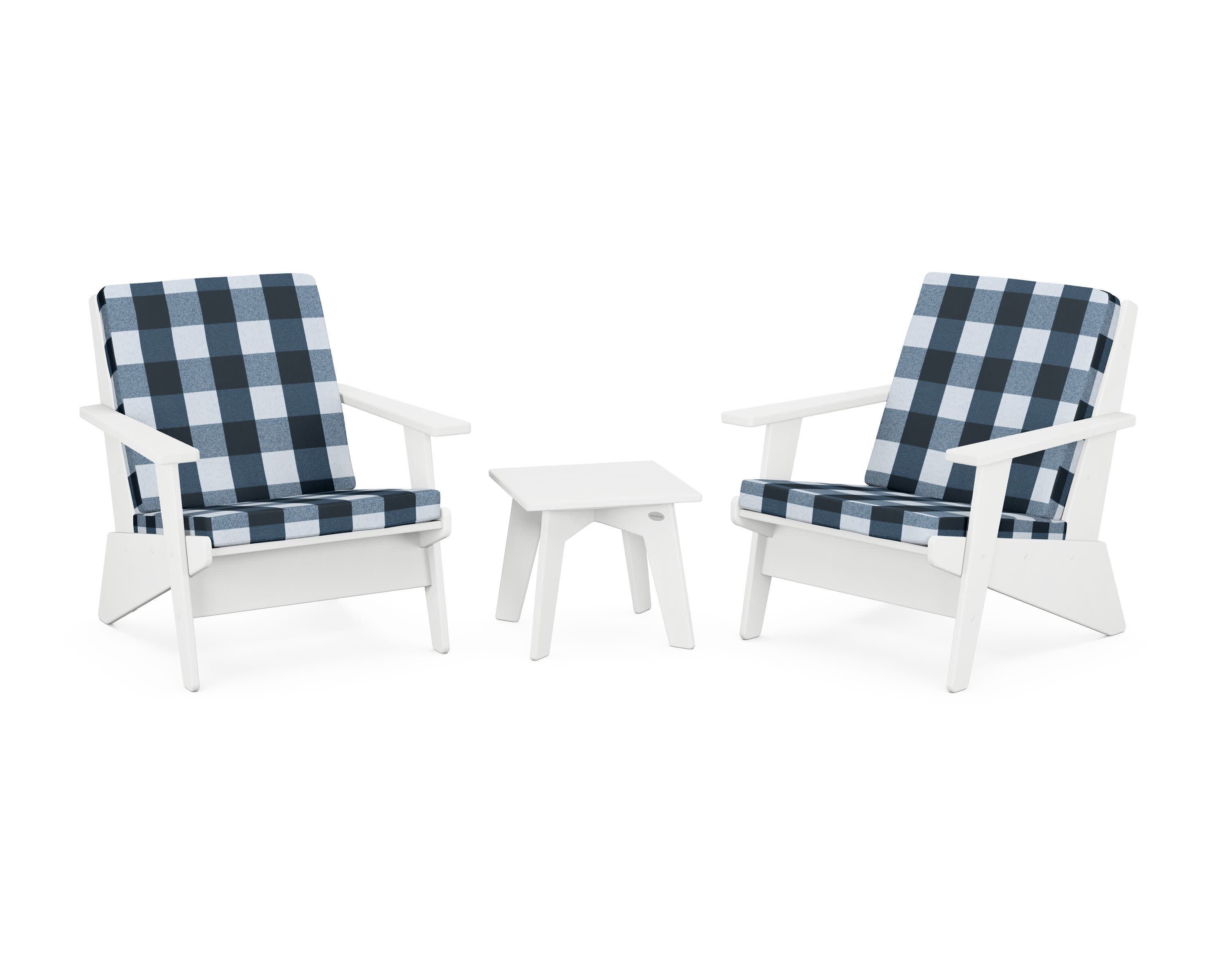 Riviera Modern Lounge 3-Piece Set in White / Buffalo Plaid Marine Indigo