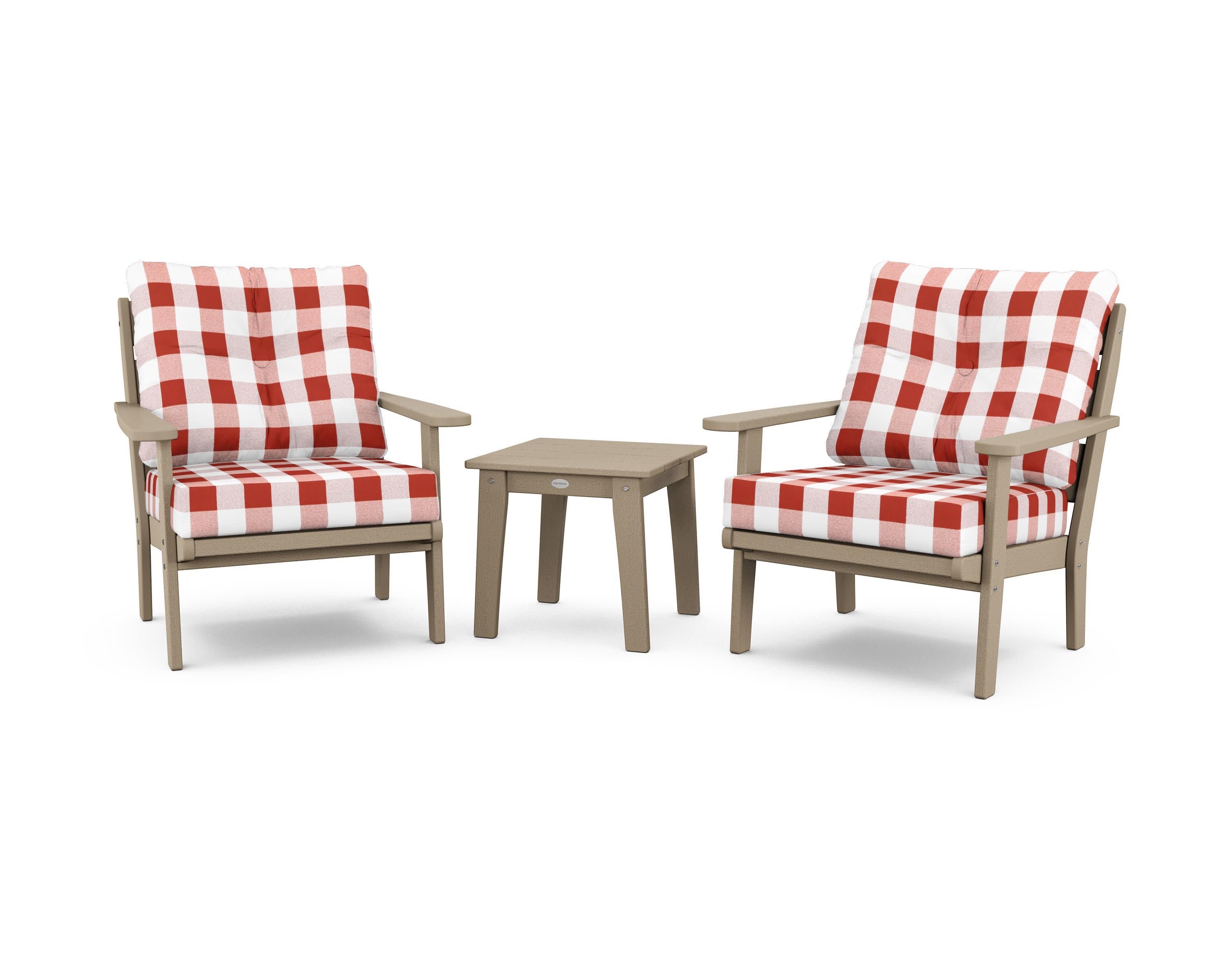 Lakeside 3-Piece Deep Seating Chair Set in Vintage Sahara / Buffalo Plaid Crimson