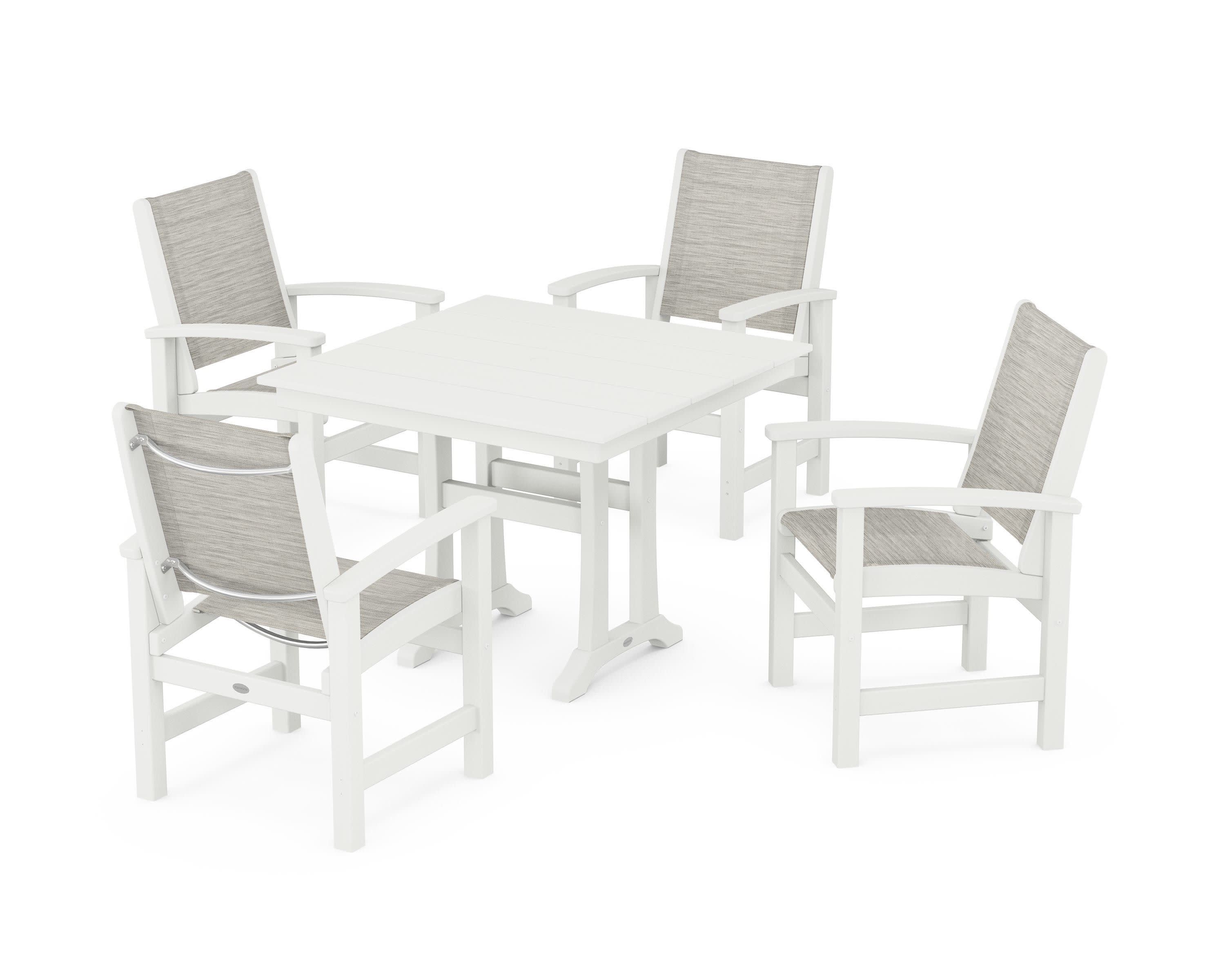 Coastal 5-Piece Farmhouse Dining Set With Trestle Legs in Vintage White / Birch Sling