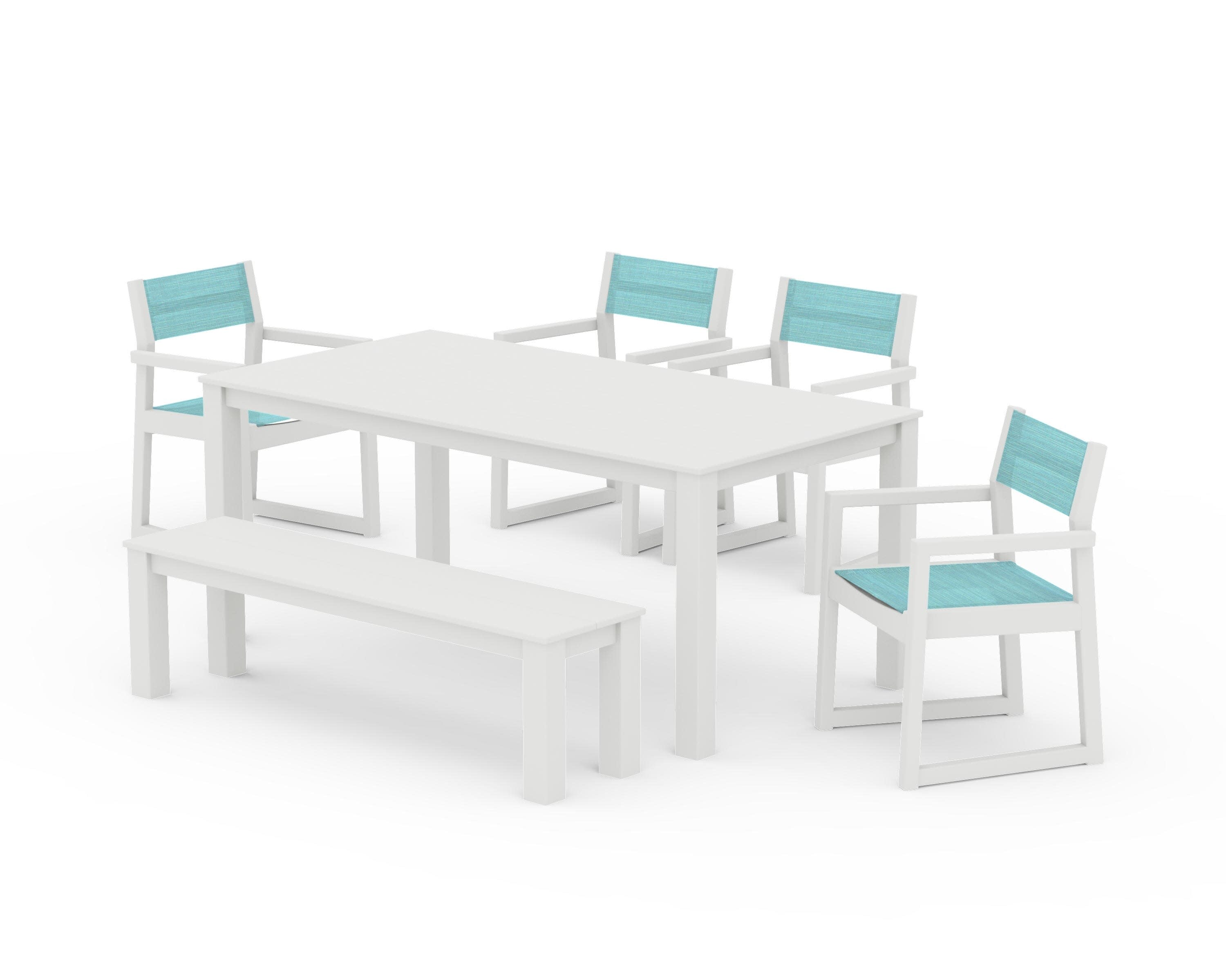 EDGE Sling Arm Chair 6-Piece Parsons Dining Set with Bench in Vintage White / Dupioni Aquamarine Sling