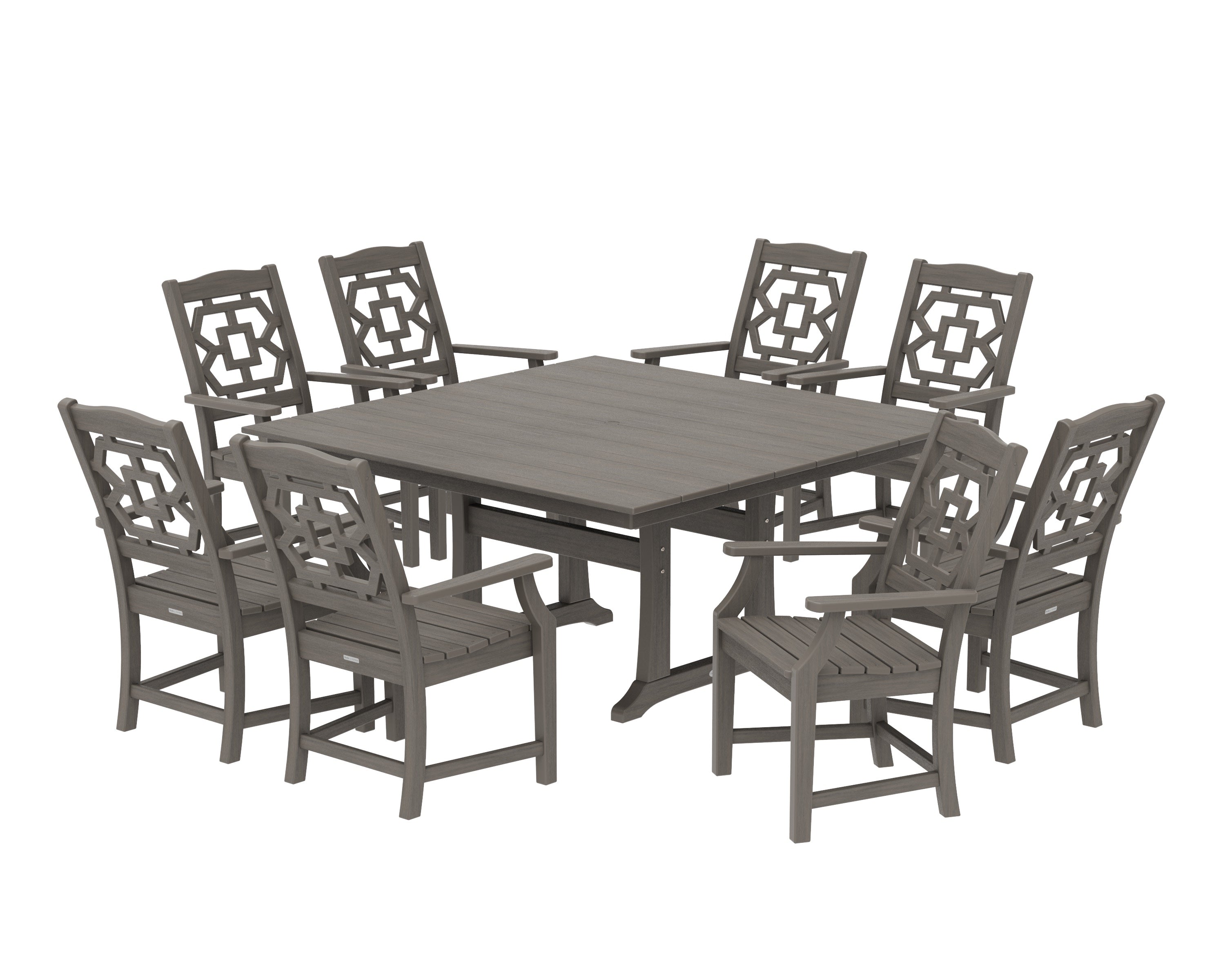 Chinoiserie 9-Piece Square Farmhouse Dining Set with Trestle Legs in Driftwood