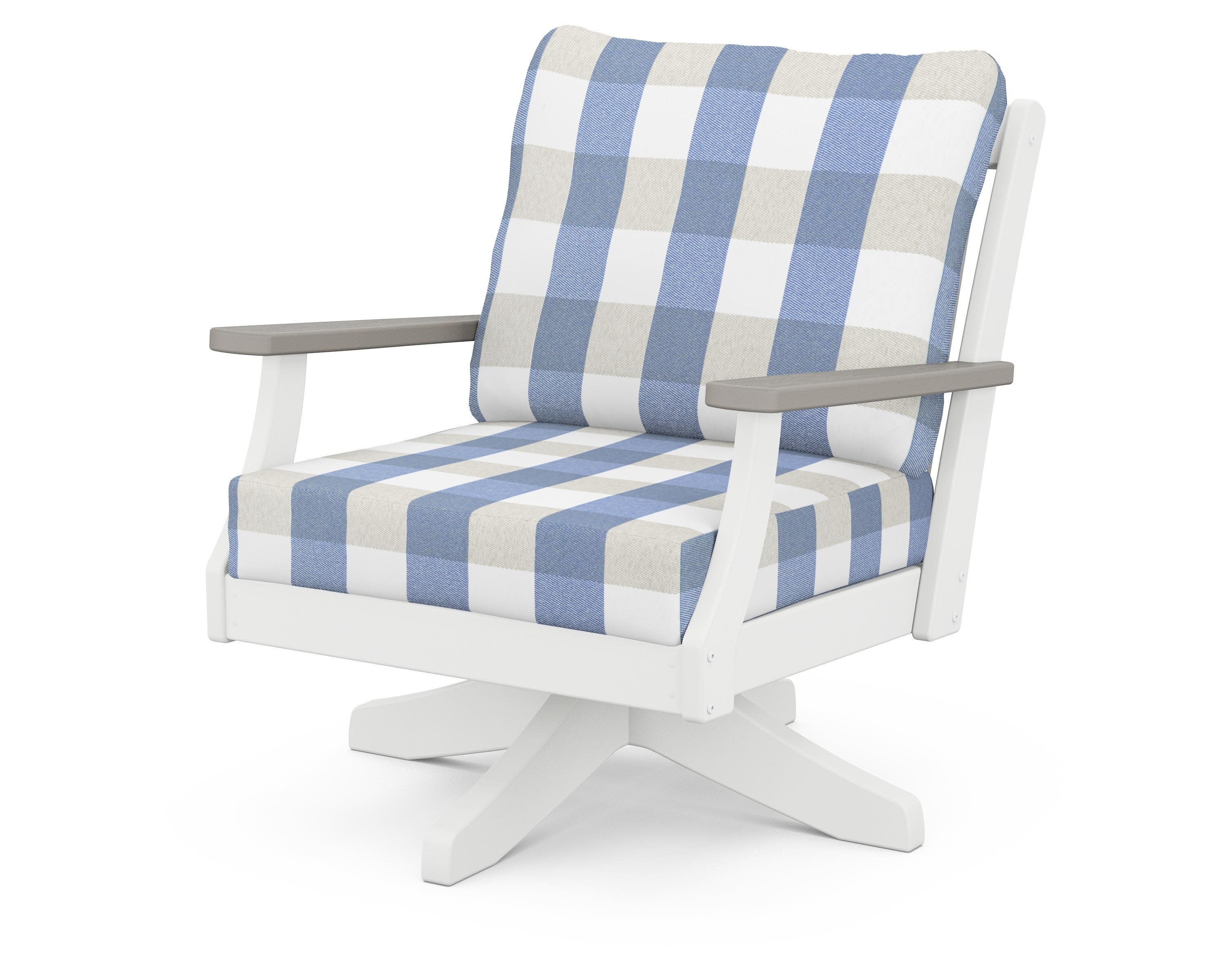 Braxton Deep Seating Swivel Chair in White / Driftwood / Buffalo Plaid Sky Blue